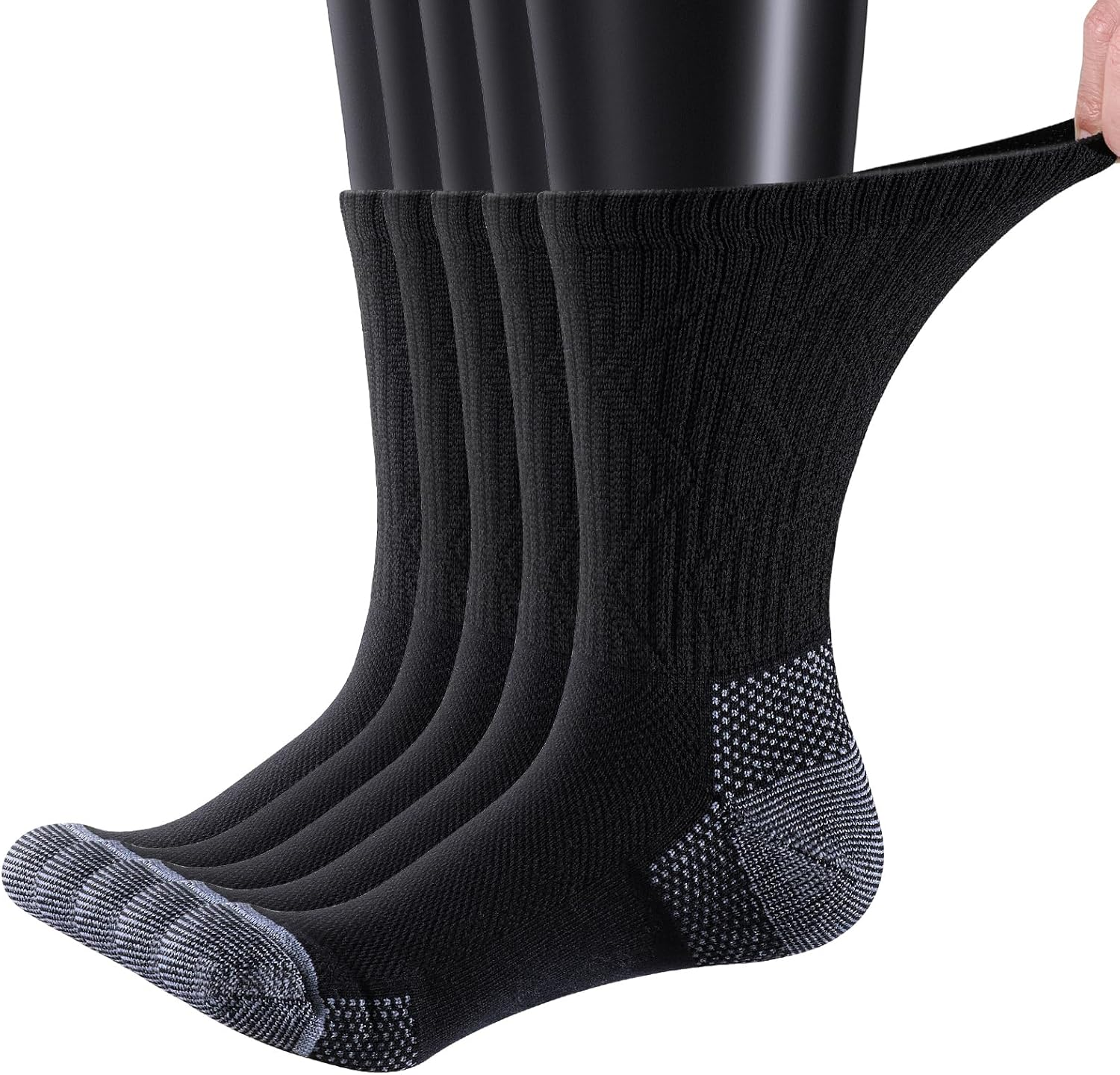 YUEDGE Diabetic Socks for Men Bamboo Comfort Sole Elastic Free Loose Black Non-Binding Socks for Men 9-11, 5 Pairs