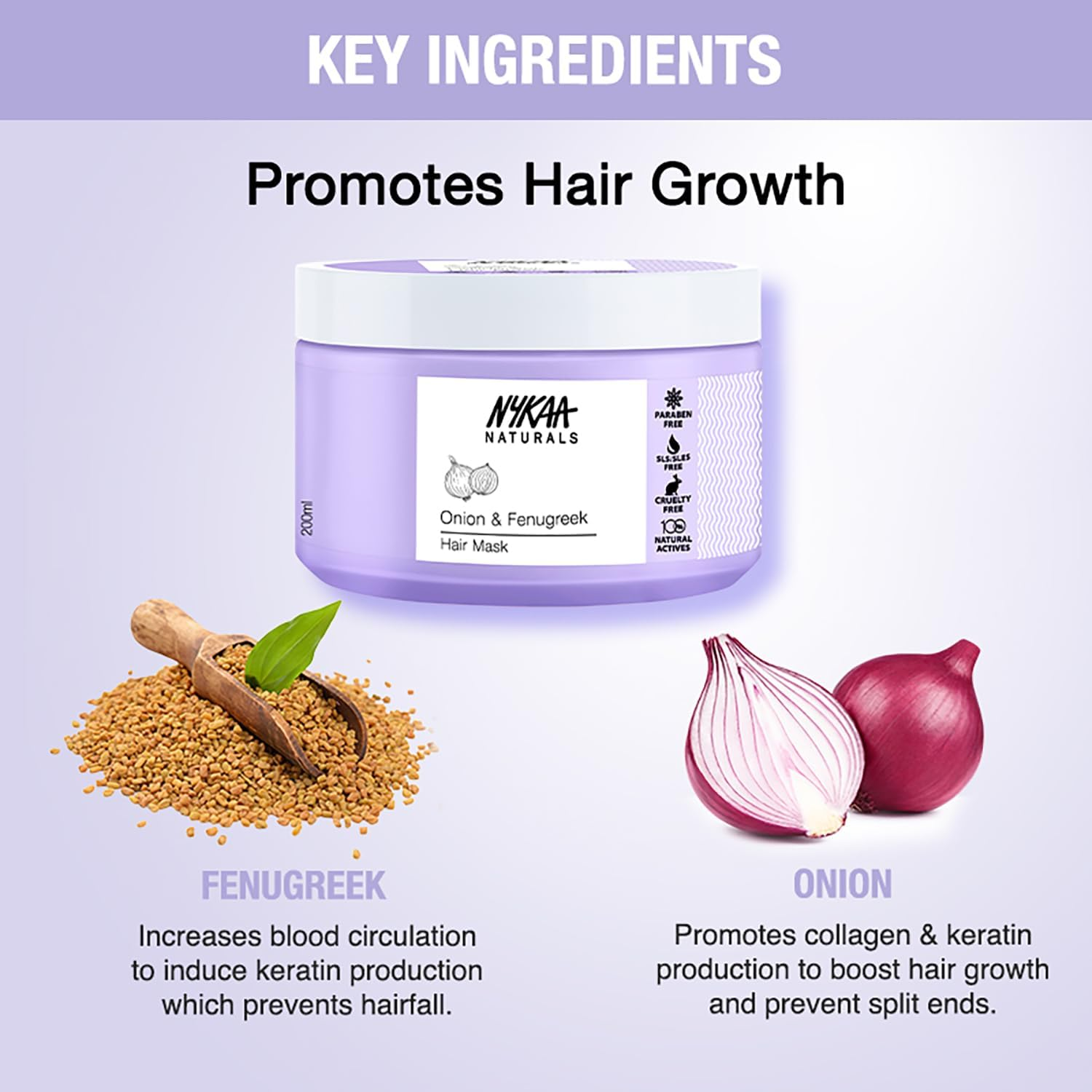 Nykaa Naturals Hair Mask-Anti-Hairfall, Strengthens Hair, Prevents Hair Loss and Thinning, Deep Nourishing-100% Natural Actives, for All Hair Types, Men and Women 200Ml (Onion & Fenugreek) image number 4