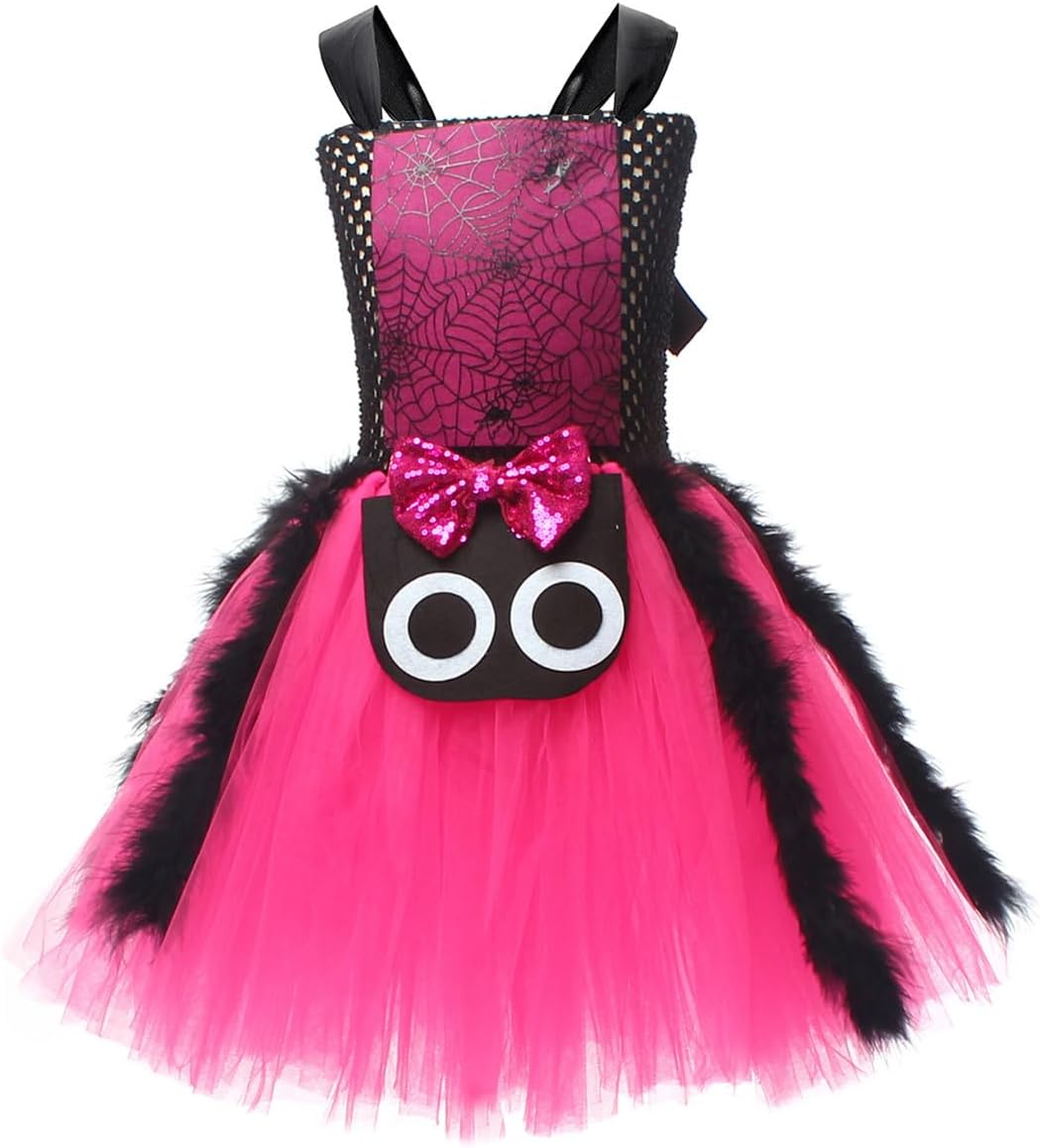 IBAKOM Witch Costume Girls Halloween Costume Children 2-Piece Cosplay Outfit Dress X 1 + Witch Broom X 1 Tulle Dress Wizard Costume Fancy Dress Costume for Carnival Cosplay Party Festival Rose Red 4-5 image number 3