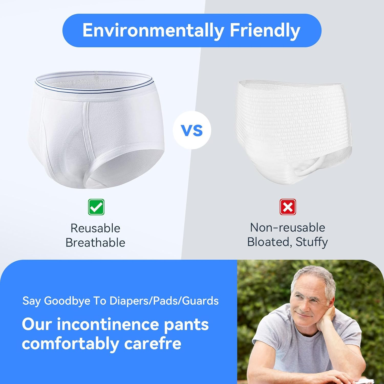 Mens Incontinence Briefs 3-Packs Men&rsquo;S Incontinence Underwear Cotton Washable Reusable Incontinence Underwear for Men (S) image number 1