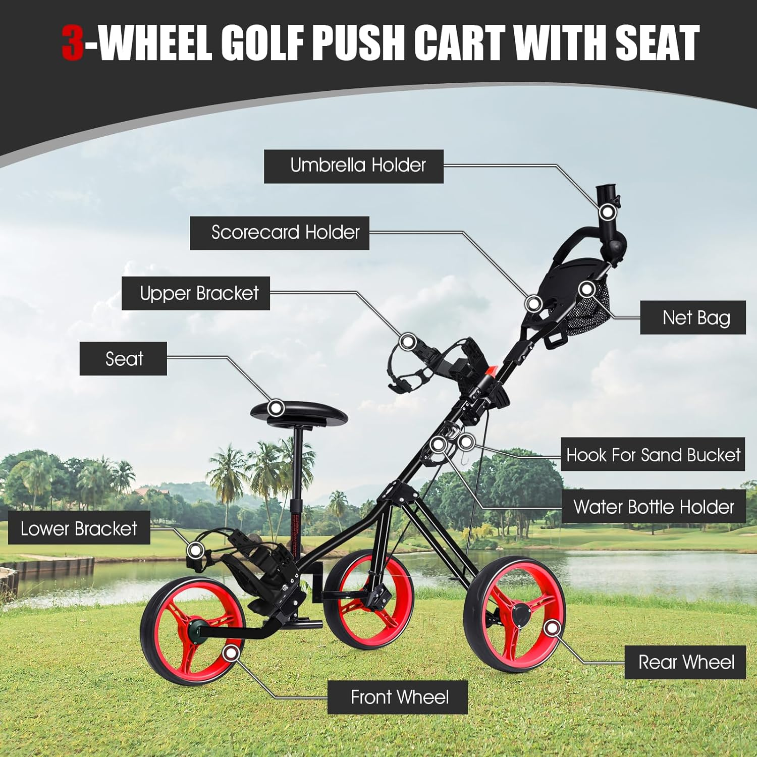 Costway 3-Wheel Folding Golf Push Cart, Multifunctional Push Pull Golf Trolley with Adjustable Handle, Padded Seat, Scoreboard, Cup Holder & Umbrella Holder image number 2