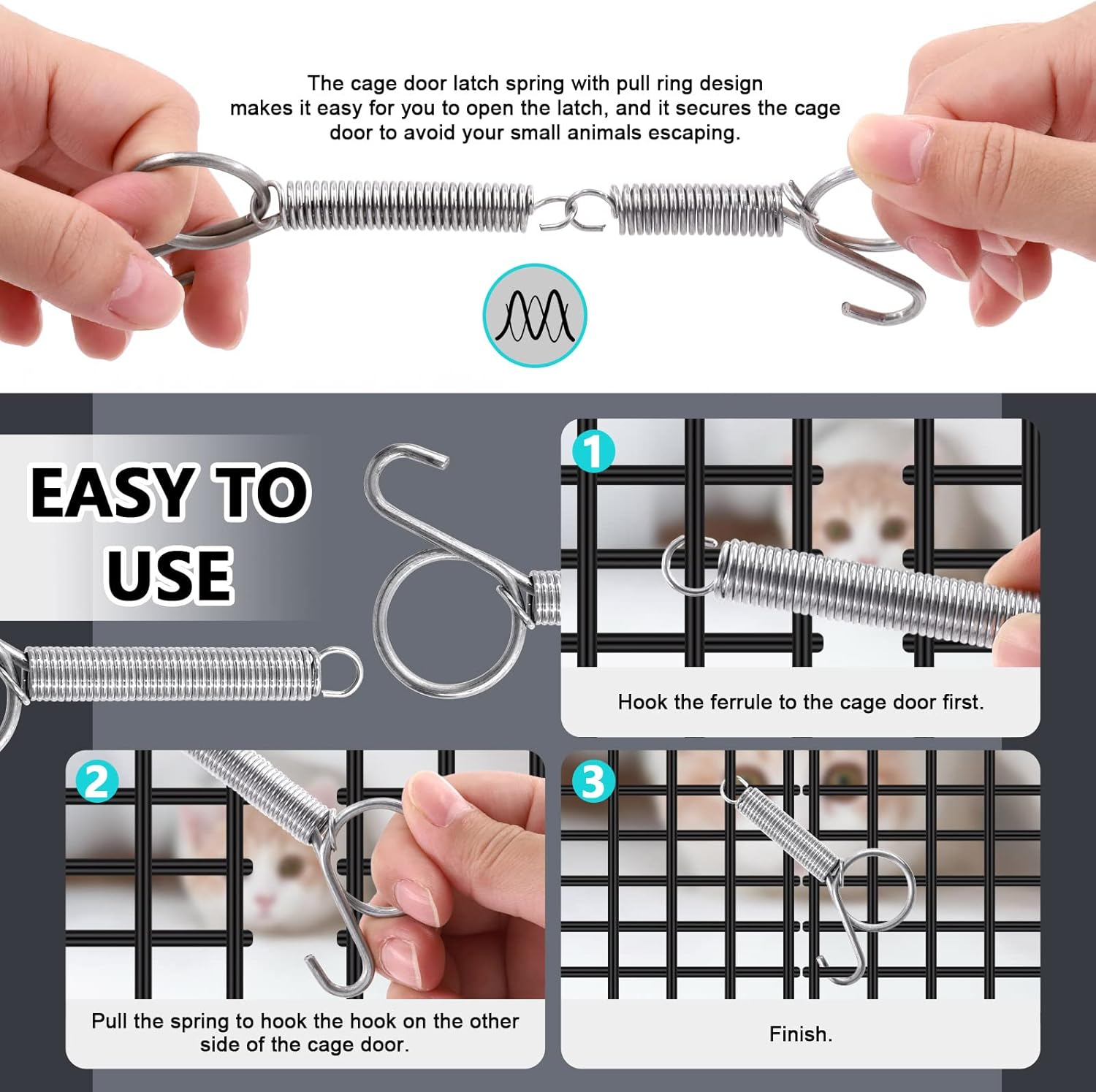 16Pcs 4 Sizes Spring Cage Latch Door Spring Hooks, 2.4'' 2.8'' 3.4'' 4.5'' Spring Door Latch Spring Cage Latch Metal Finger for Fixing Rabbit Dog Cat Bunny Hedgehog Pet Cage Door image number 5