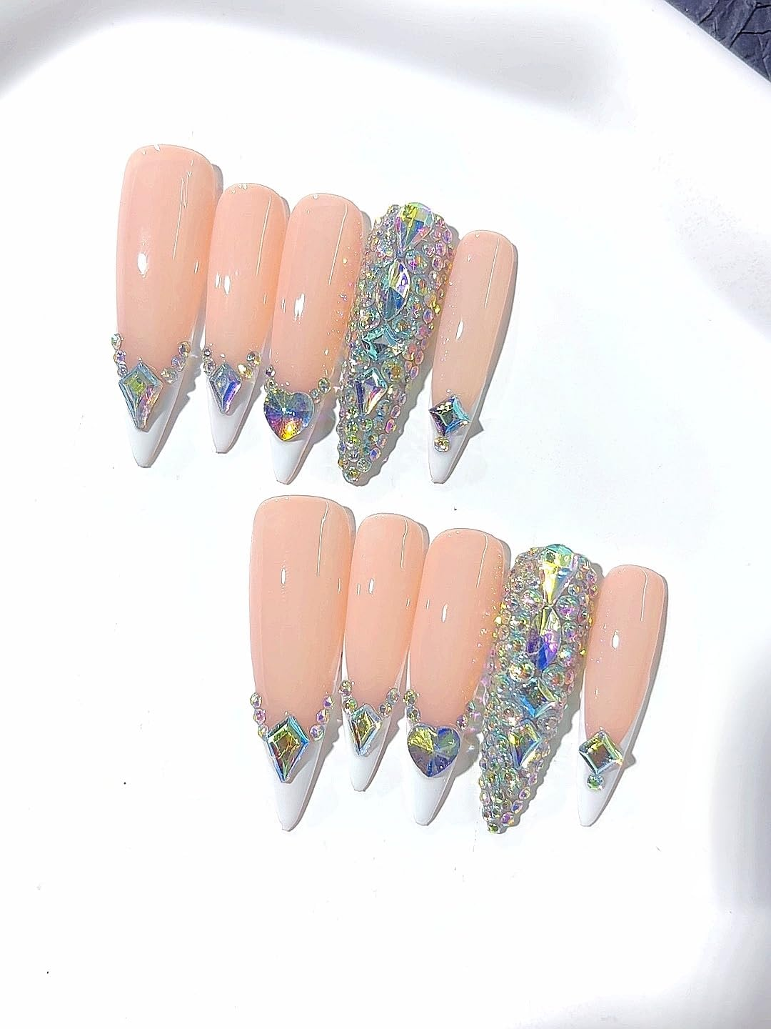 Press-On Nails Set, Nude Pink with Iridescent Crystal Rhinestones, Long Coffin Shape, Professional Manicure Art Tips (L155, Medium) image number 5