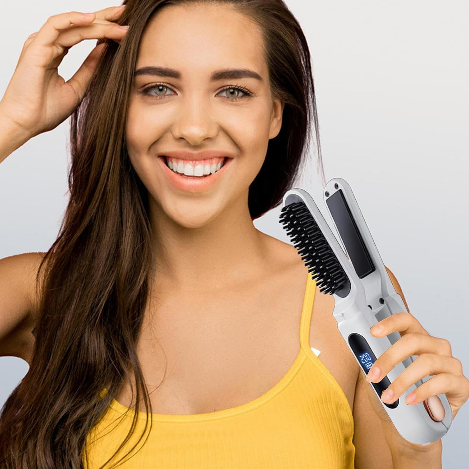 Hair Straightener Brush Cordless, Portable Curling Iron, Straightening Brush for Women, Negative Ion Straightener Comb, 2 in 1 Curling Iron Brush for Women, Men (Purple, Pink, White, Black) image number 1