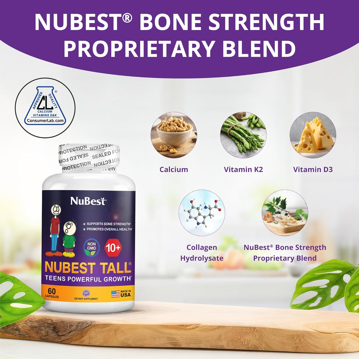 Nubest Tall 10+ - Advanced Bone Growth Formula - Supports Immunity, Healthy Development & Optimal Wellness - 60 Capsules | 1 Month Supply for Children (10+) & Teens Who Drink Milk Daily (Pack of 1) image number 1