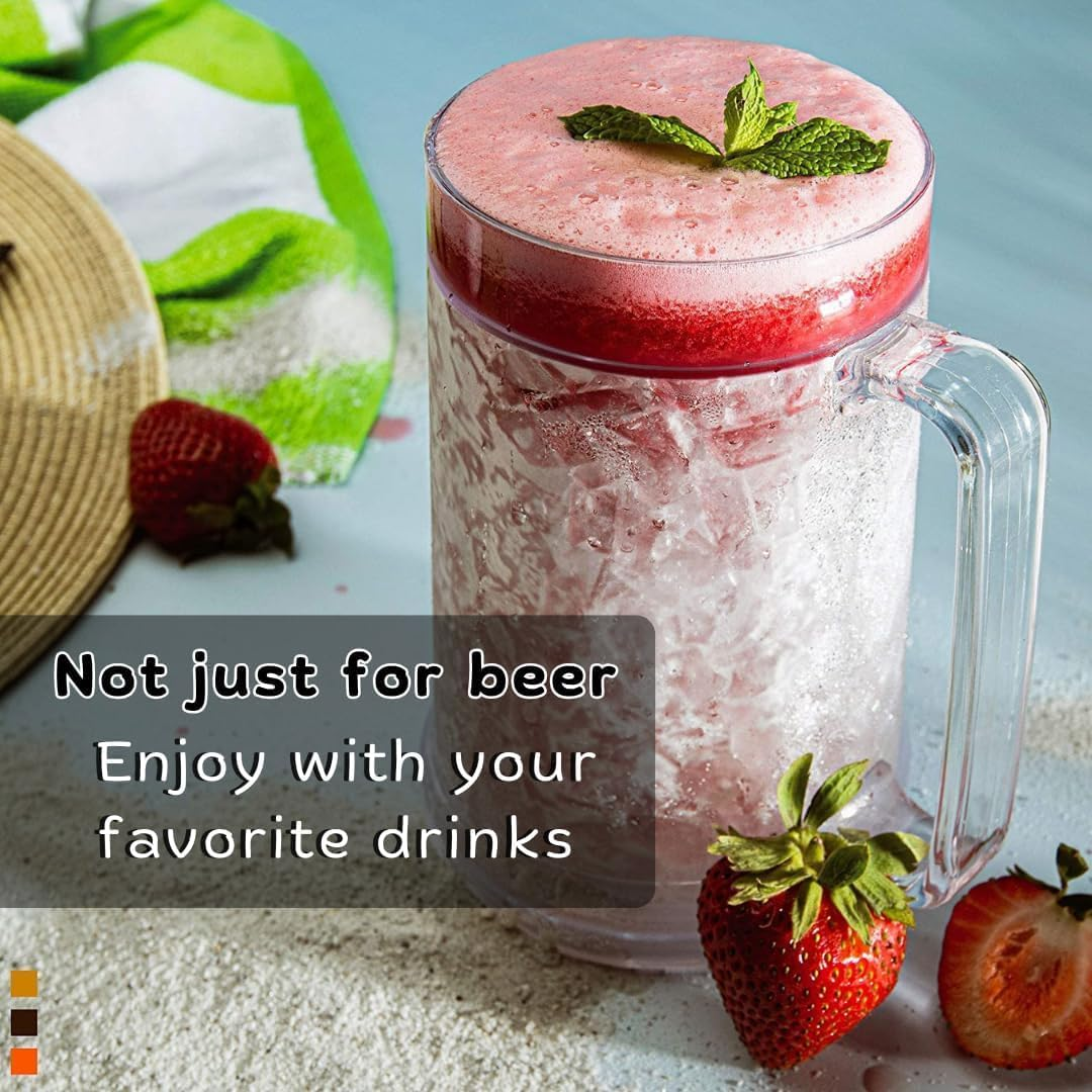 2 Pack Double Wall Insulated Mugs for Beer, Freezable Mugs, 16 Oz Freezer Mugs, Perfect Cooler Cups for Home Bar Accessories, Beer Gifts for Men, Insulated Gel Plastic Pint