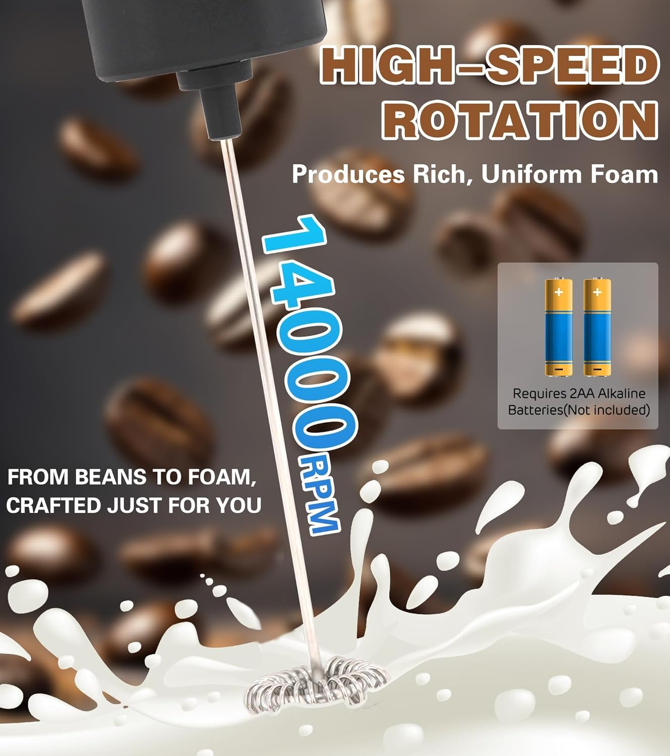 BIBECARE Milk Frother Handheld Powerful Mixer Mini Hand Blender for Perfect Lattes, Cappuccinos More-Portable Stainless Steel Whisk, Ideal for Frappe, Hot Chocolate, Coffee Creamer&Matcha(Black) - White image number 4