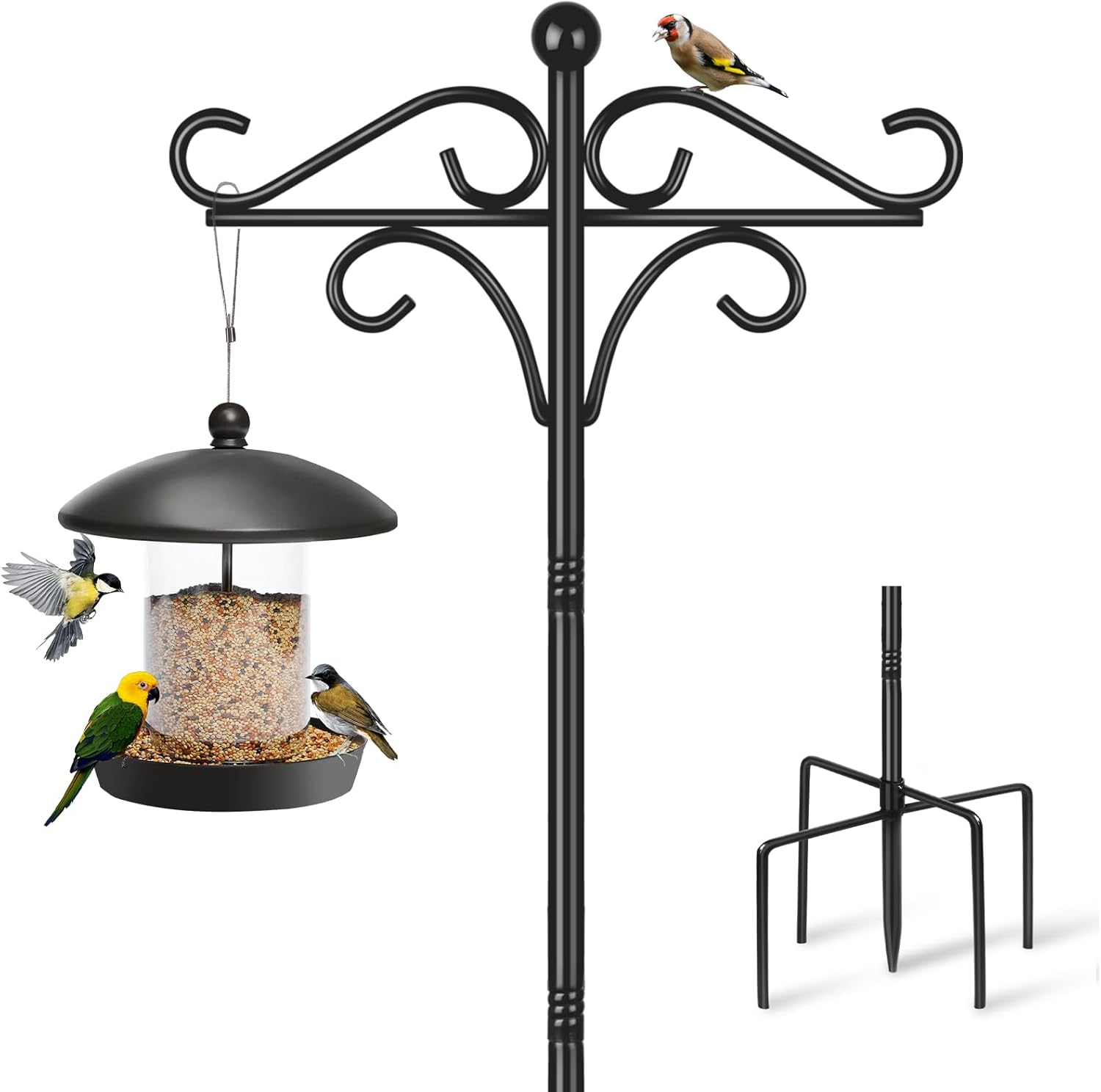 Bird Feeder Pole Stand, 195Cm Approx.2M Adjustable Feeding Station Hanging with 2 Hook, Heavy Duty Freestanding Double Shepherd Crook for Outdoor Garden Light Lantern Plant Metal Hanger, Black image number 2