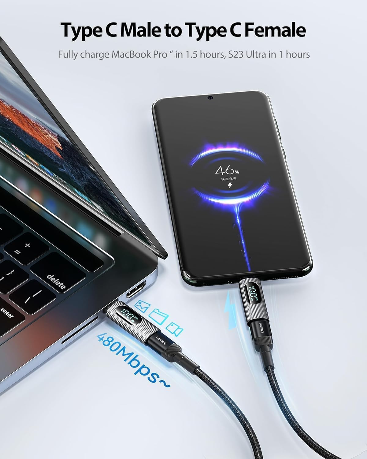 USB C Adapter, 2Pack 100W High-Speed USB C Female to USB C Male Extension Adapter with Advanced Digital Power Meter, Compatible with Iphone 15 Pro Max, Ipad Pro, Macbook Pro & All USB C Devices - Silver image number 4