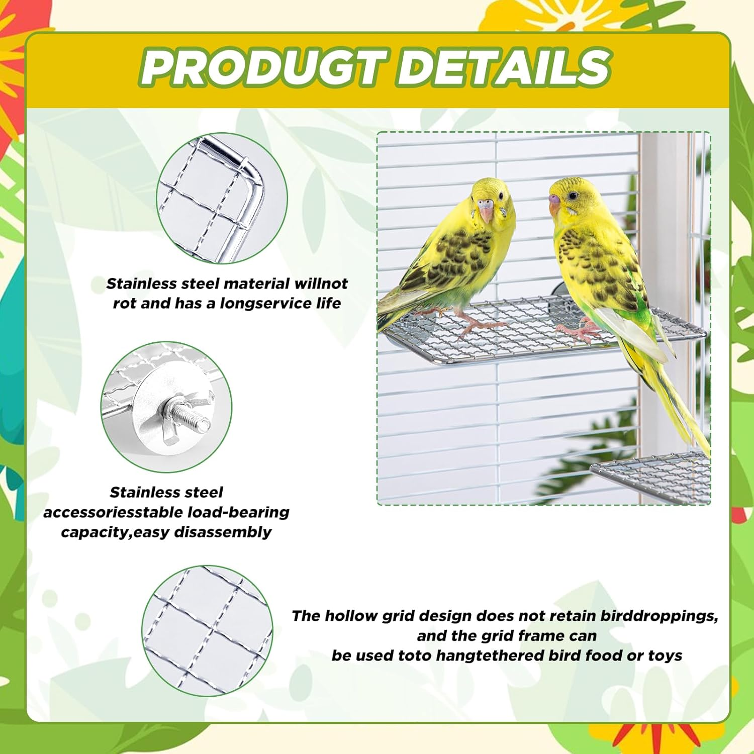 SUSOO 2 Pcs Stainless Stee Bird Perches Platform for Bird Cage Accessories,Birds-Safe Bite Resistant Shelves and Easy Clean Bird Shelf Stand for Parrots, Conures, Cockatiel, Budgie and Love Birds image number 3