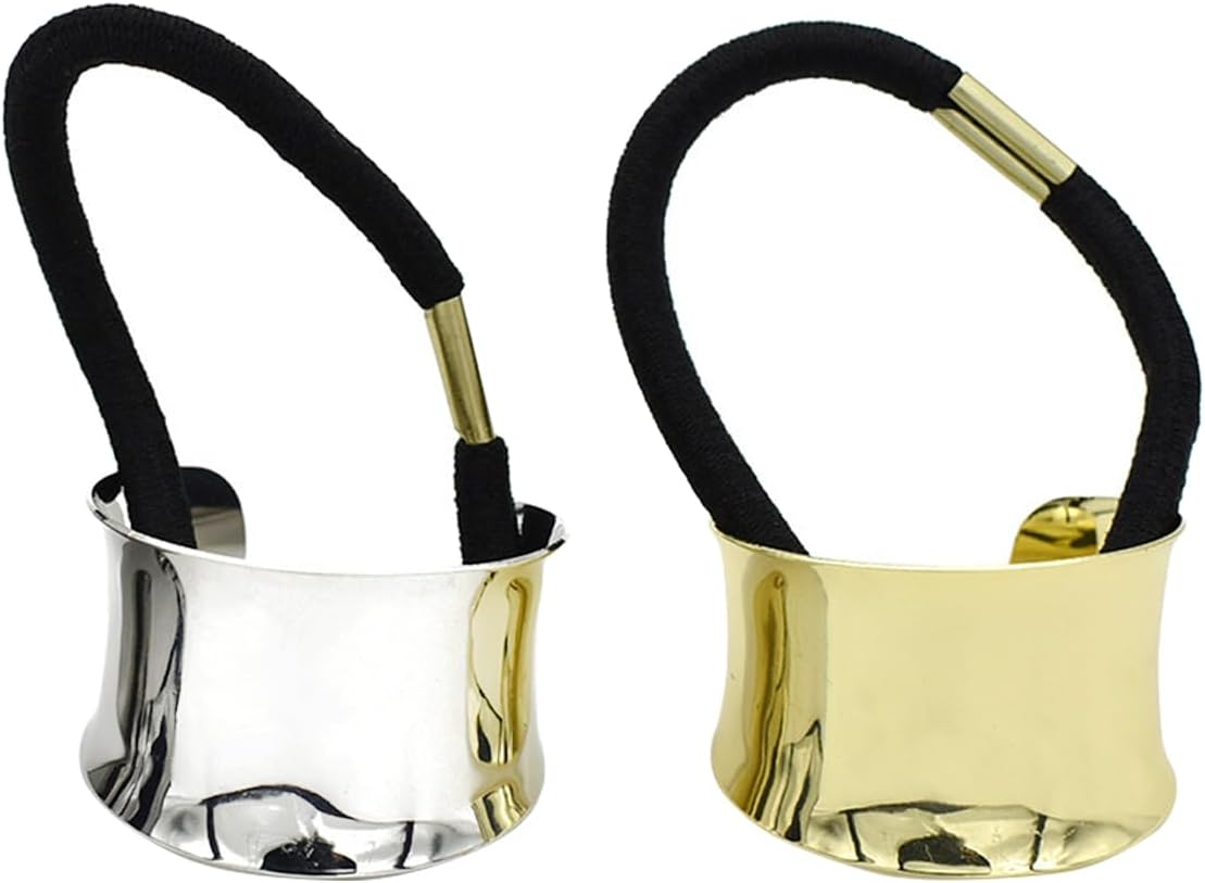 2PCS Metal Cuff Ponytail Holder Elastic Hair Band Rope Women Girls Hair Ties Hair Accessories Hair Rope Golden and Silver image number 6