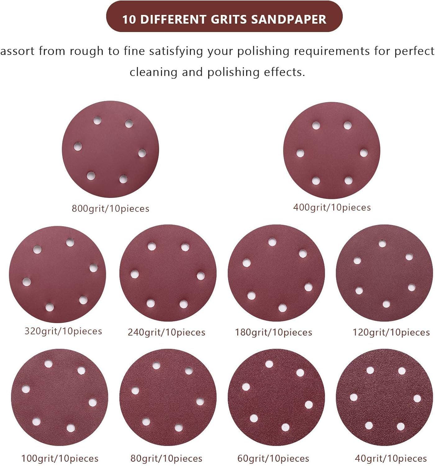 Haskoss 150Mm Sanding Disc, 6 Inch Hook and Loop Sanding Pads, 100 Pcs Sandpaper Set Assorted Grits for Random Orbital Sander image number 3