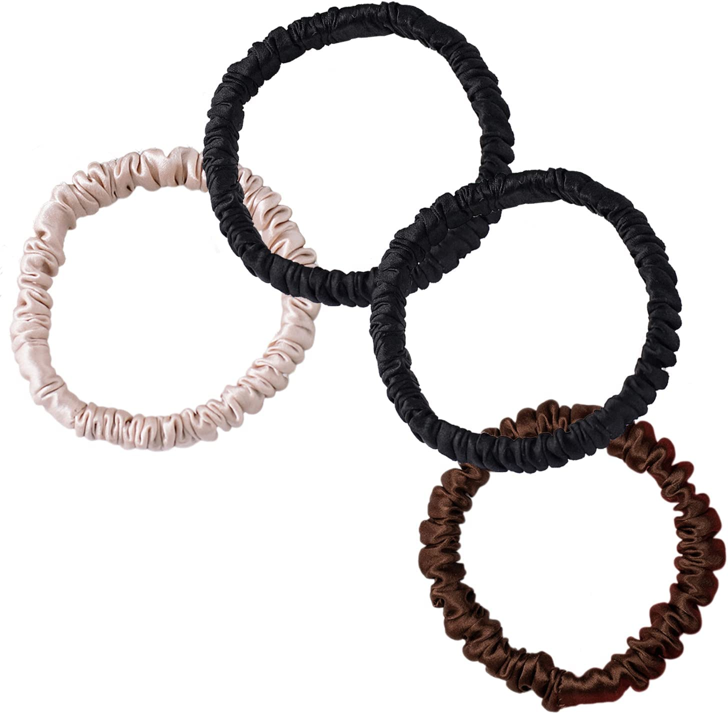 Silk Scrunchie, 100% Pure Mulberry Silk Scrunchie Small Slim Hair Tie for Women Silk Scrunchies for Thin Thick Curly Hair Luxurious Elastic Scrunchies Set (4 Scrunchies, 2Black+1Coffee+1Beige) image number 4