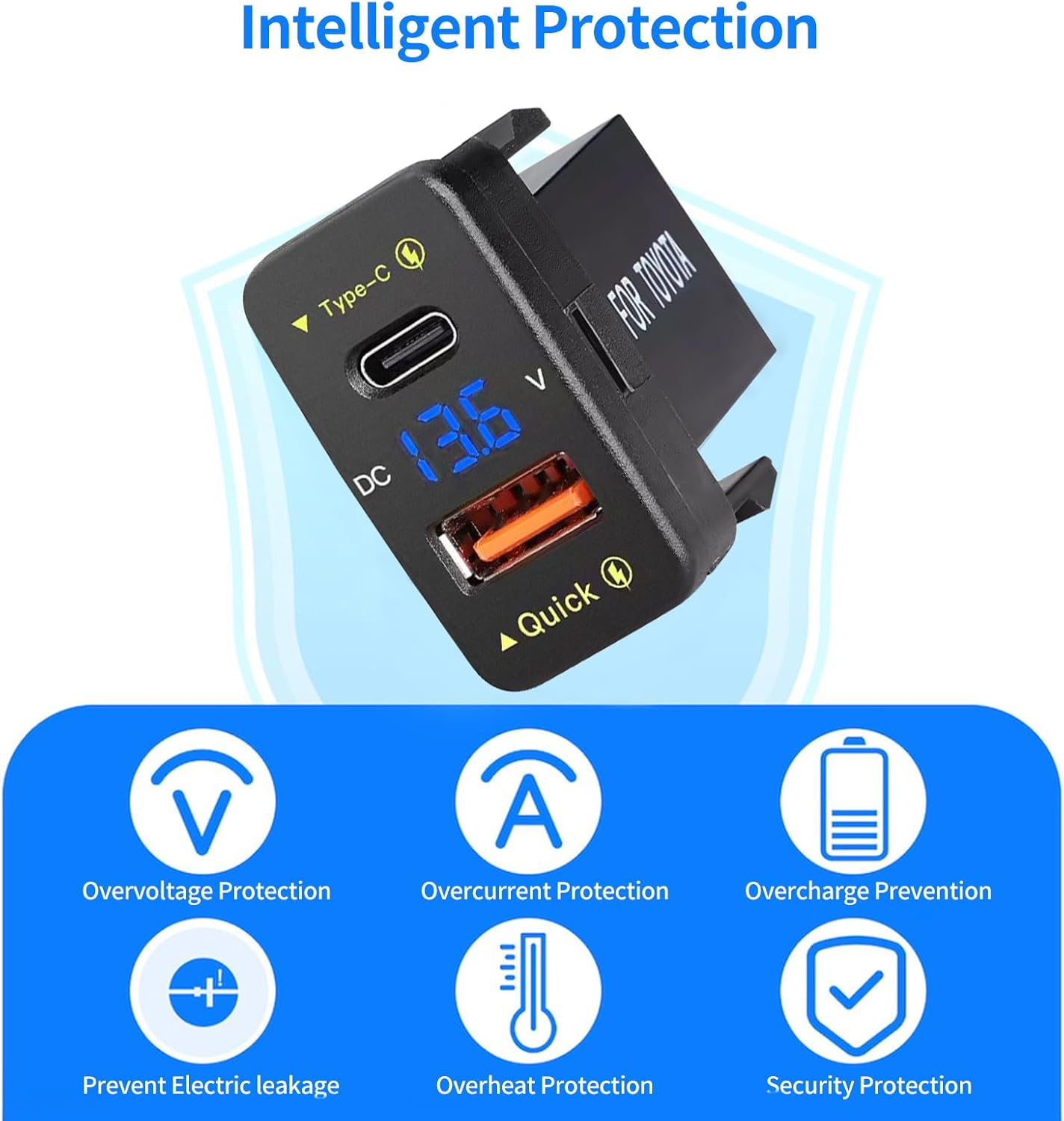 Levigo Car Charger Dual 18W USB PD+QC3.0 Fast Charge for Toyota, Type C USB Car Power Socket with LED Voltmeter Display, Compatible with 12/24V Cars(1.6 * 0.9Inch) image number 4