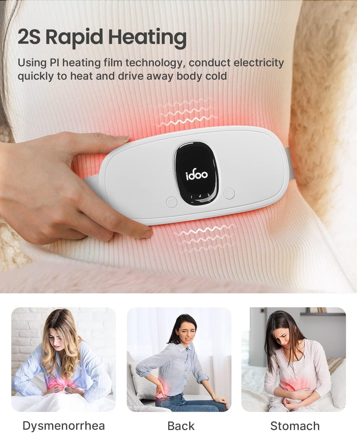 Idoo Heating Pad for Cramps, Cordless Portable Menstrual Heating Pad for Pain Relief with 3 Heat Levels and 3 Vibration Massage Modes, Fast Back or Belly Heating, Ideal Gifts for Women, Girls (White) image number 3