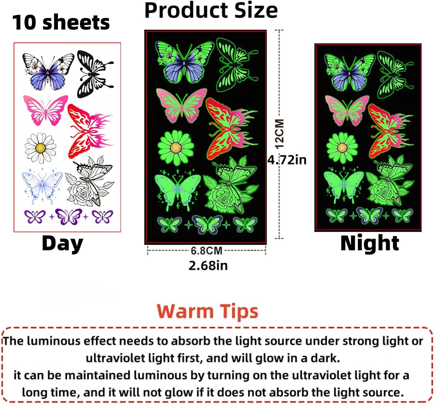10 Sheets Temporary Tattoos Children Adults Luminous Tattoos Children'S Tattoos Butterfly Tattoo Toy Girls 4 5 6 7 8 9 10 Years Tattoo Children Girls Butterfly Decoration Birthday - Color-F image number 5