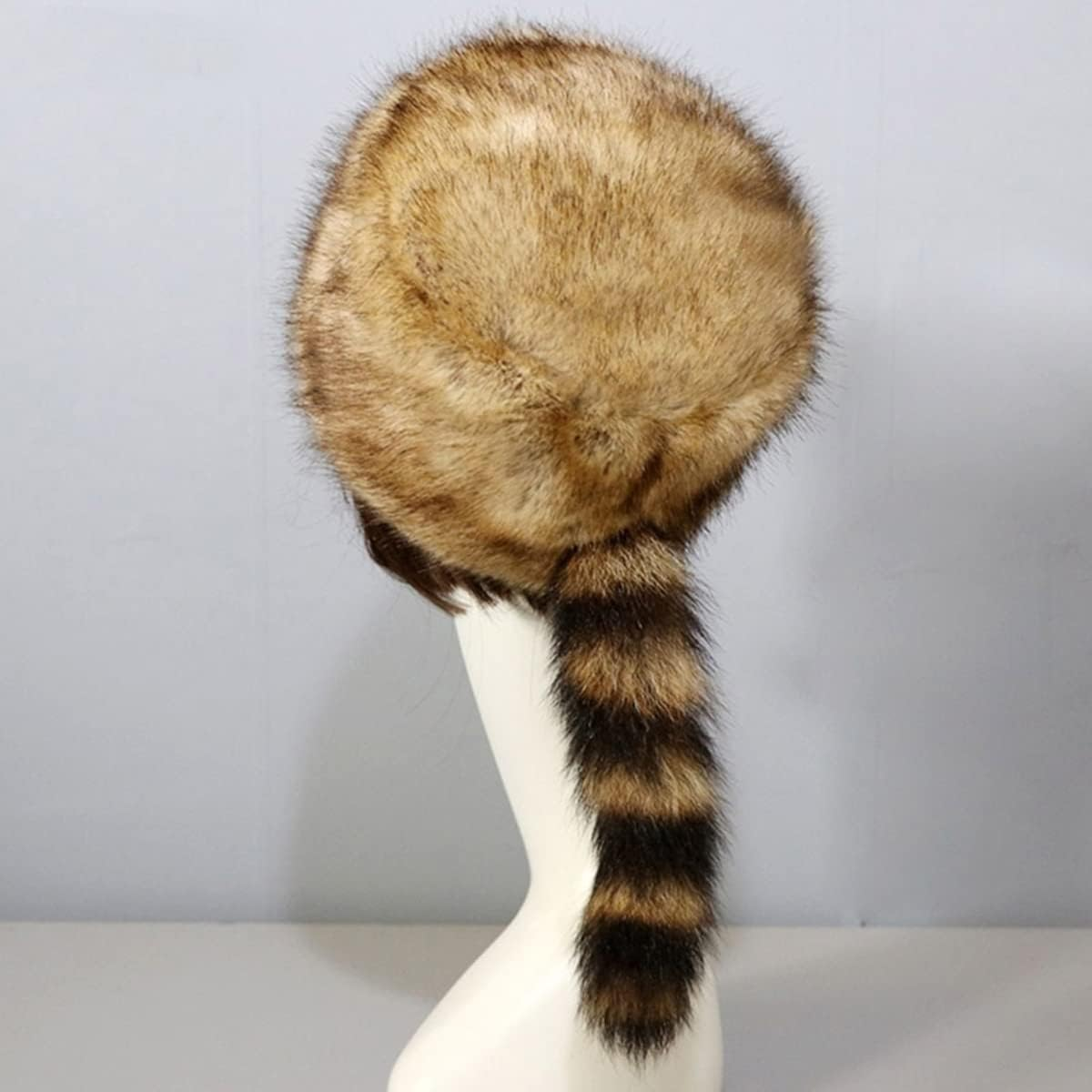 Faux Fur Raccoon Tail Hat for Women Men, Faux Coonskin Cap with Tail Flat Top Winter Hat, Raccoon Tail, One Size image number 6