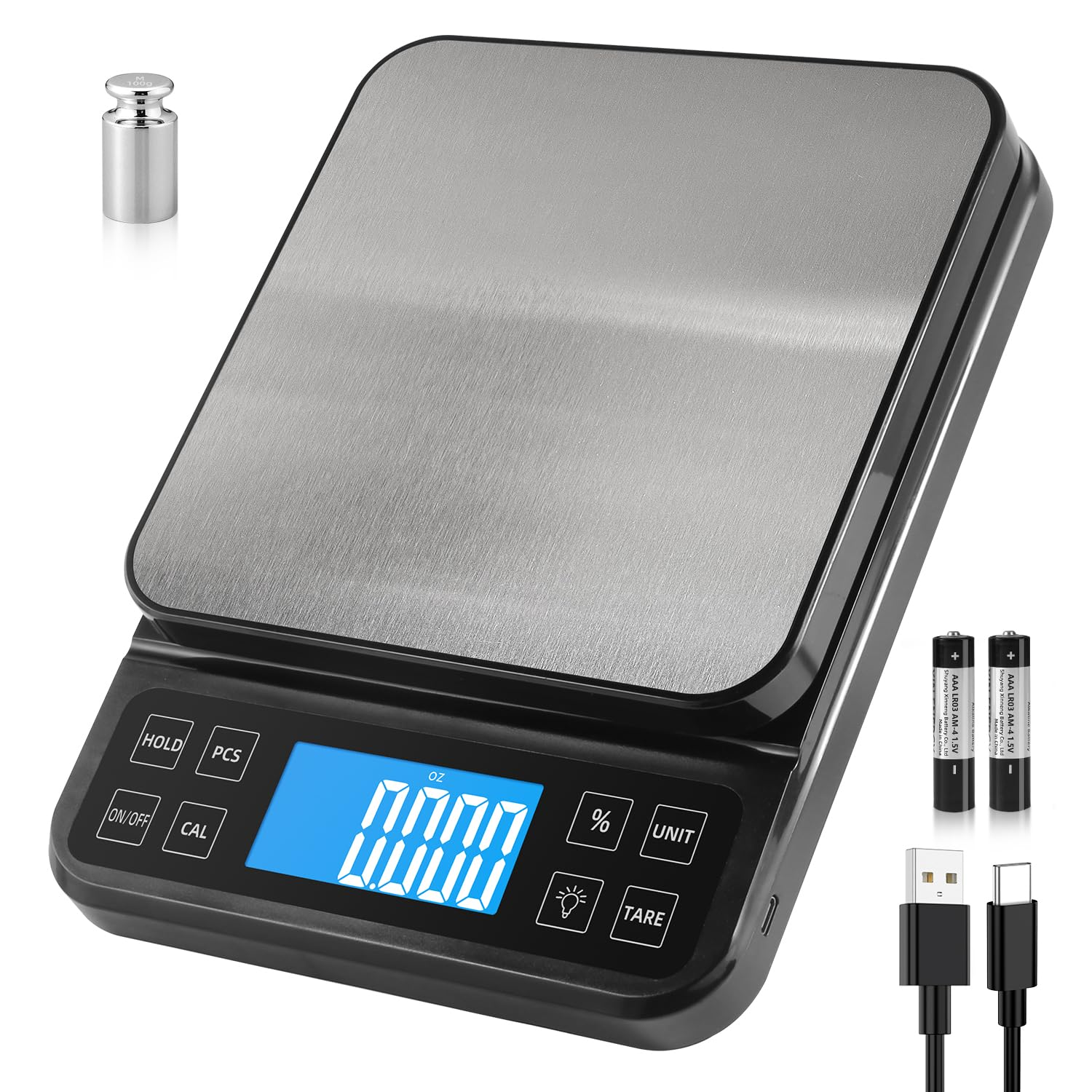 BOMATA Large Kitchen Scale with 0.1G/0.001Oz High Precision, Bakery Scale With% Percentage Function, Capacity 5Kg/11Lbs, USB Rechargeable, Full-View Angle LCD with Backlight, Stainless Steel Pan image number 3