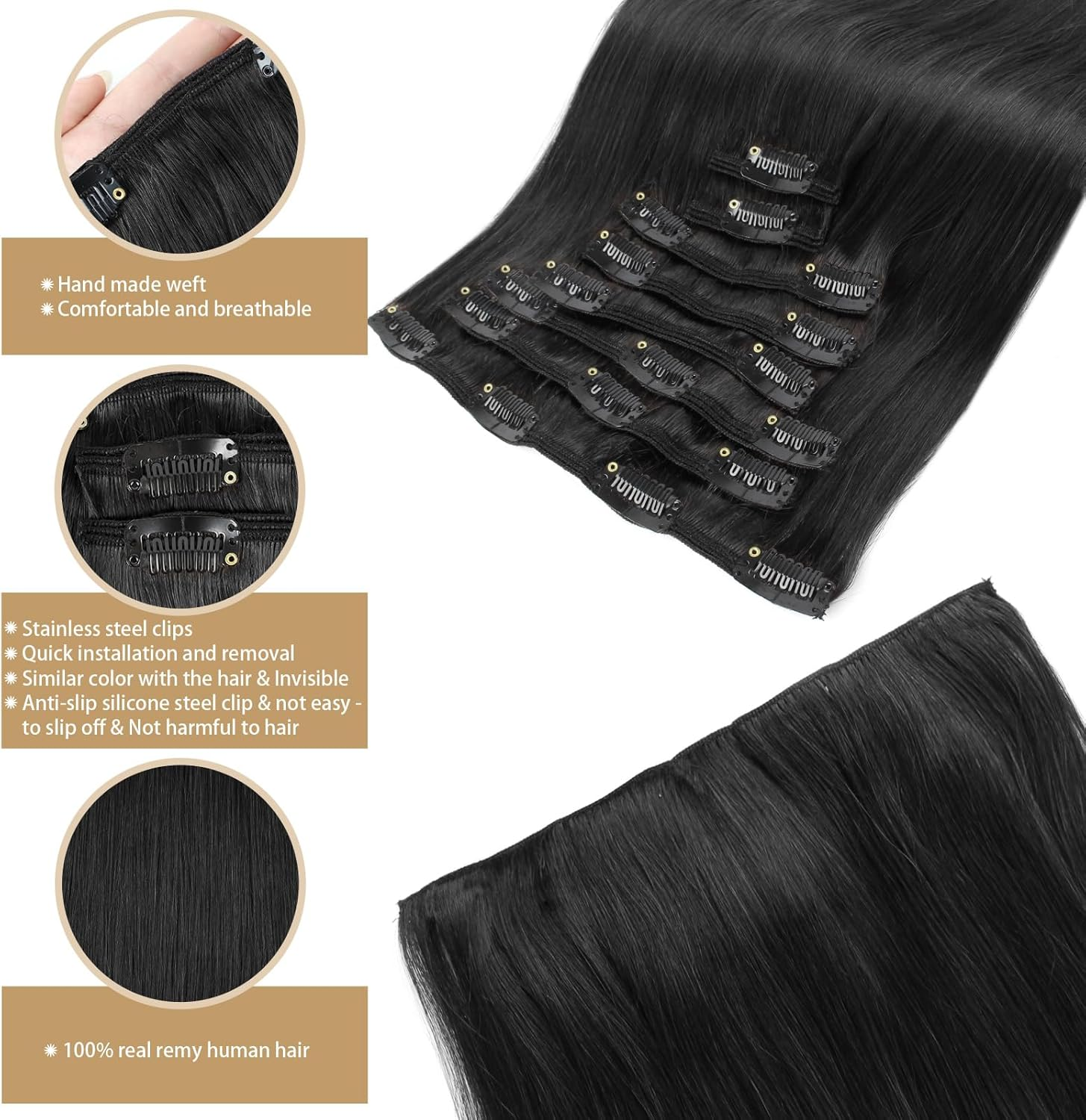 ABH AMAZINGBEAUTY HAIR 22 Inch Clip in Hair Extensions Real Human Hair Jet Black Straight Thick Remy Hair Extensions #1 8Pcs 120G image number 4