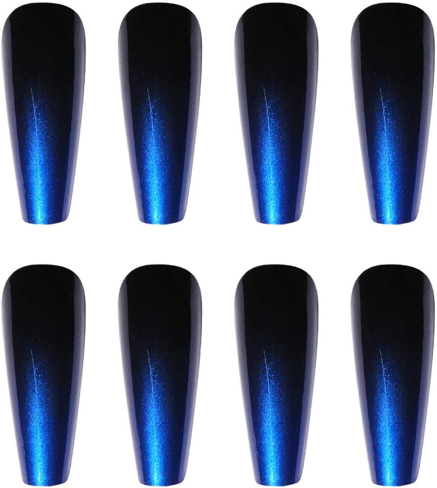 24PCS Extra Long Black Blue Press on Nails,Glossy Gradient False Nail Full Cover Coffin Ballerina Nails Tips for Women Girls Party Salon