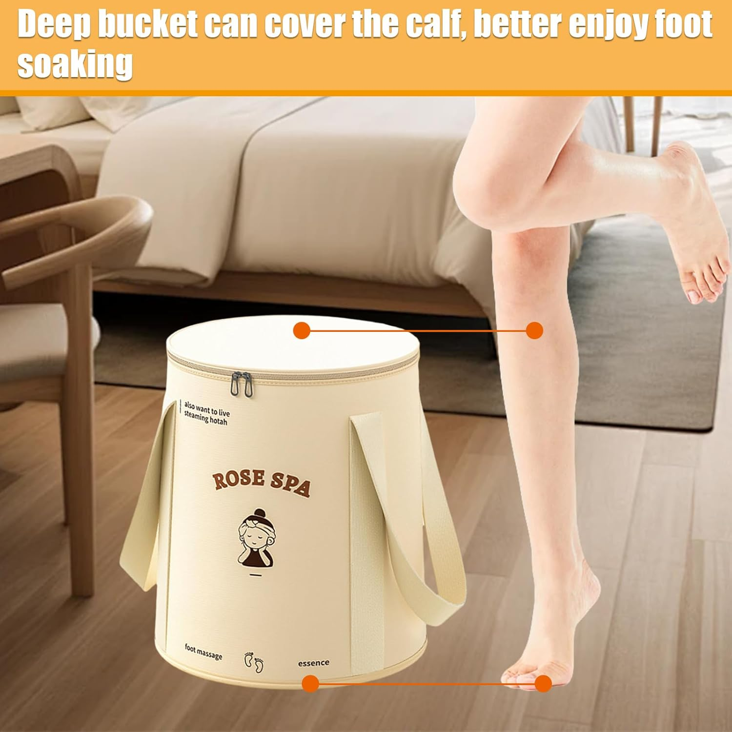Sgphrzlt Collapsible Foot Basin Tub for Soaking Feet with Lid & Handle, Portable Travel Foot Soak Bucket, Foldable Foot Bath Spa Bag, Long Lasting Insulation, Beige image number 4