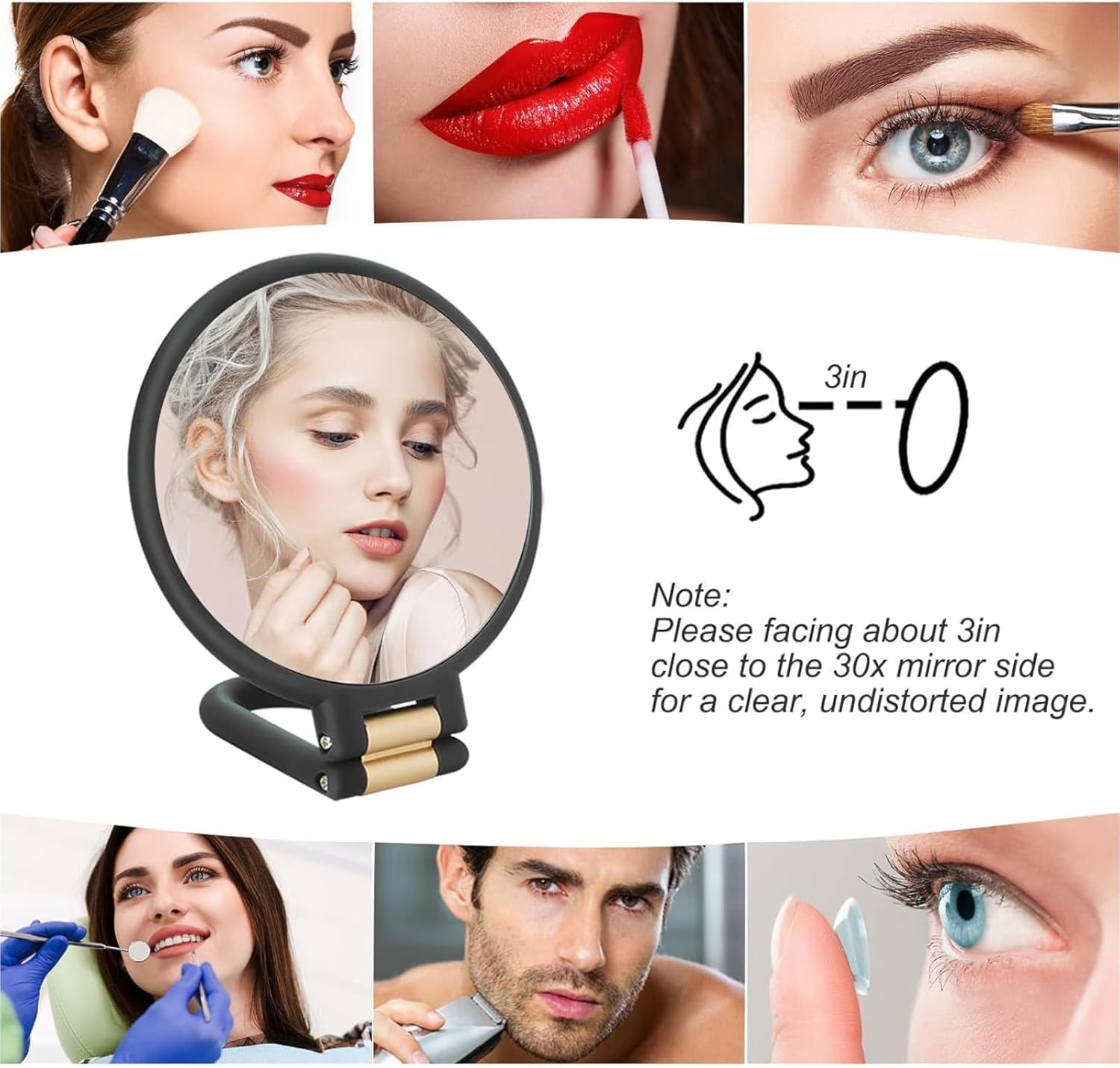 30X Magnifying Mirror, Travel Hand Mirror with Handle &ndash; Double-Sided Handheld Mirror with 1X & 30X Magnification, Adjustable Handle/Stand, Foldable Travel Mirror for Makeup (Black) image number 3