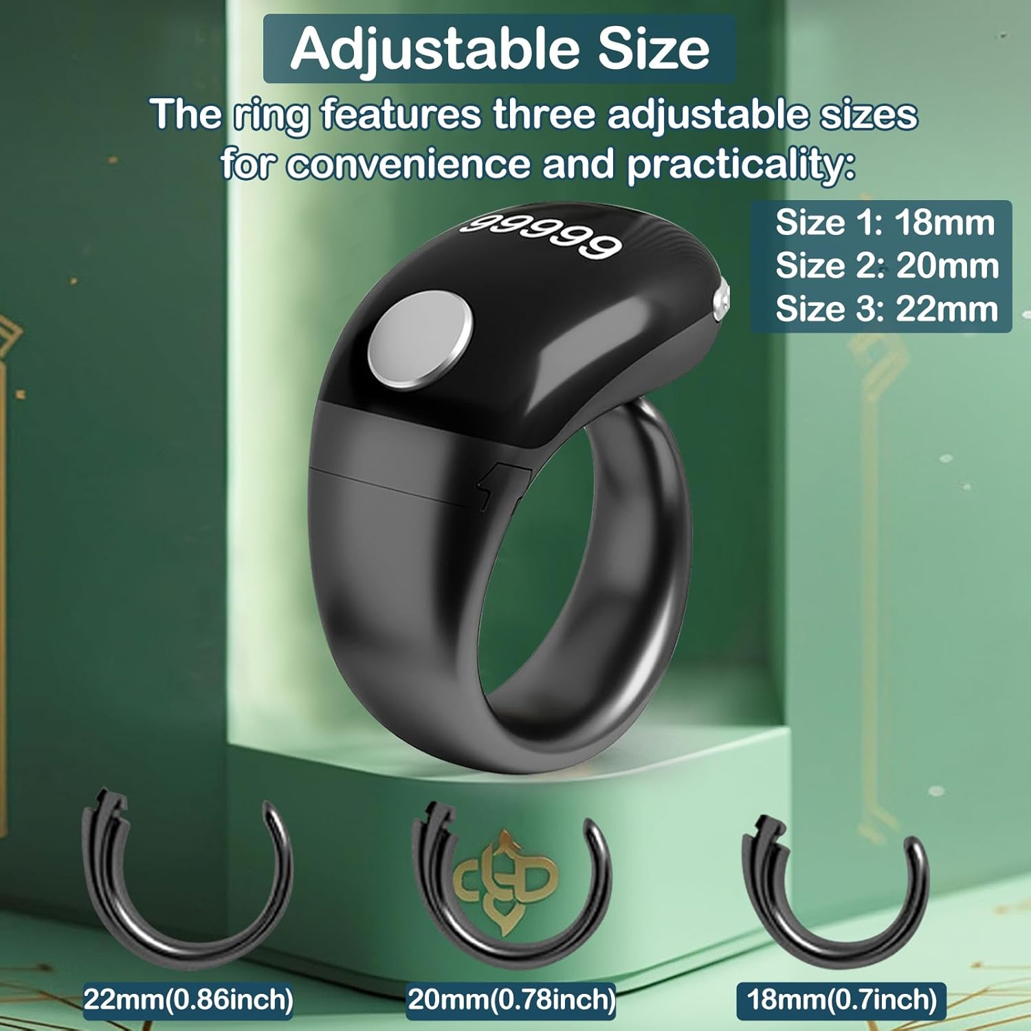 YUENTOEN Smart Ring Counter, Tasbih Finger Counter, Digital Finger Rings Counter with OLED Screen, Adjustable 18Mm/20Mm/22Mm Ring Holder Counter for Prayer Time Reminde, Black image number 1