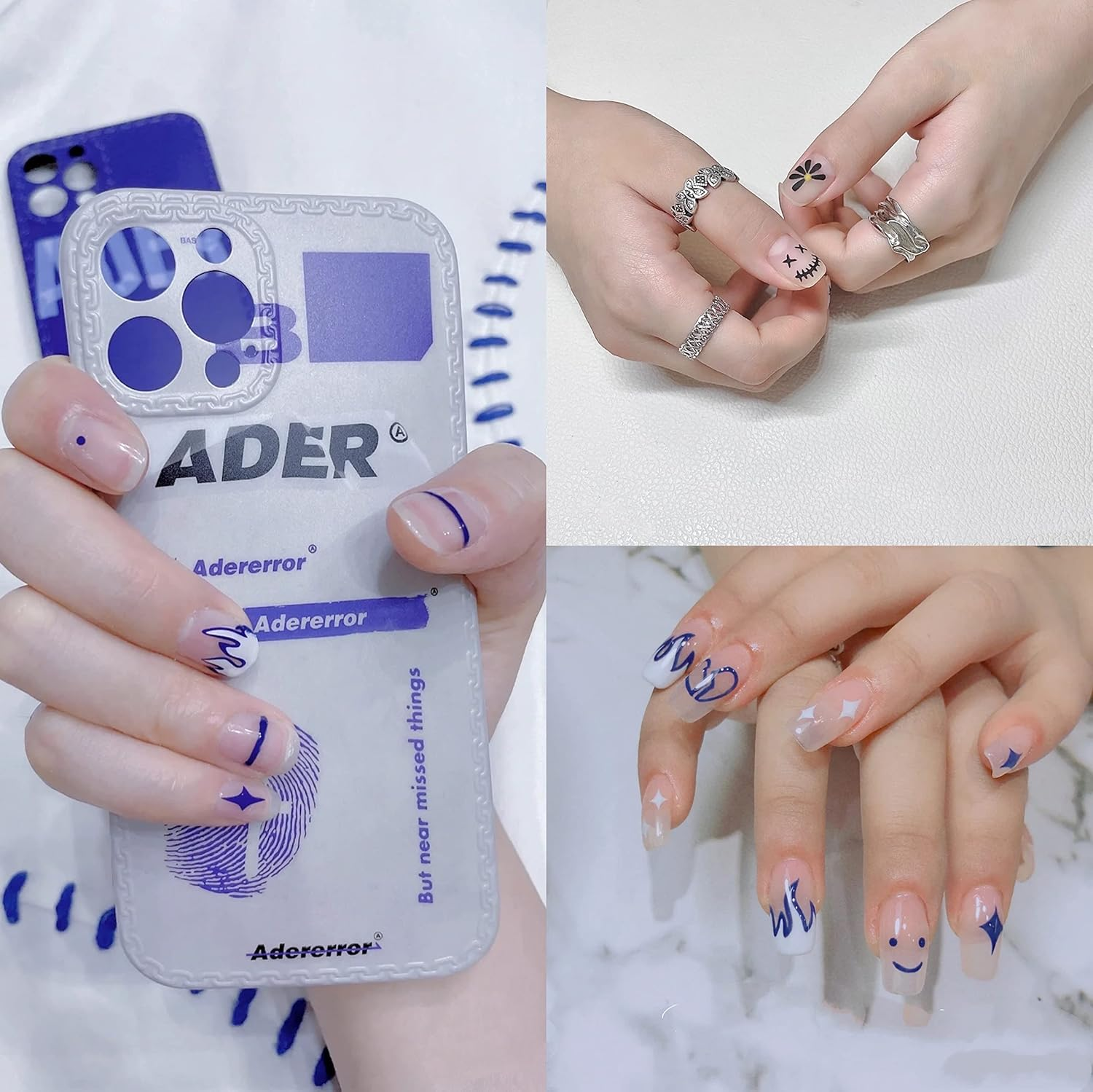 4 Sheets Klein Blue Flame Smile Face Nail Art Sticker Decals Ins Minimalist Style Klein Blue Nail Art Sticker Impressionist Lines Star Smile Face for Men and Women Nail Art Decoration (4 Colors)