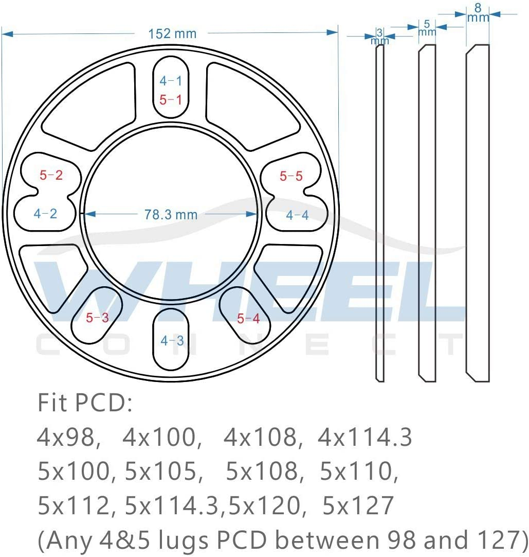 WHEEL CONNECT Universal Wheel Spacer,3Mm Thickness(1/8Inch),Fit Bolt Pattern 4X98, 4X100, 4X108, 4X114.3, 5X100, 5X105,5X108, 5X110, 5X112, 5X114.3,5X120, 5X127, Cast Aluminum, Pack of 2.