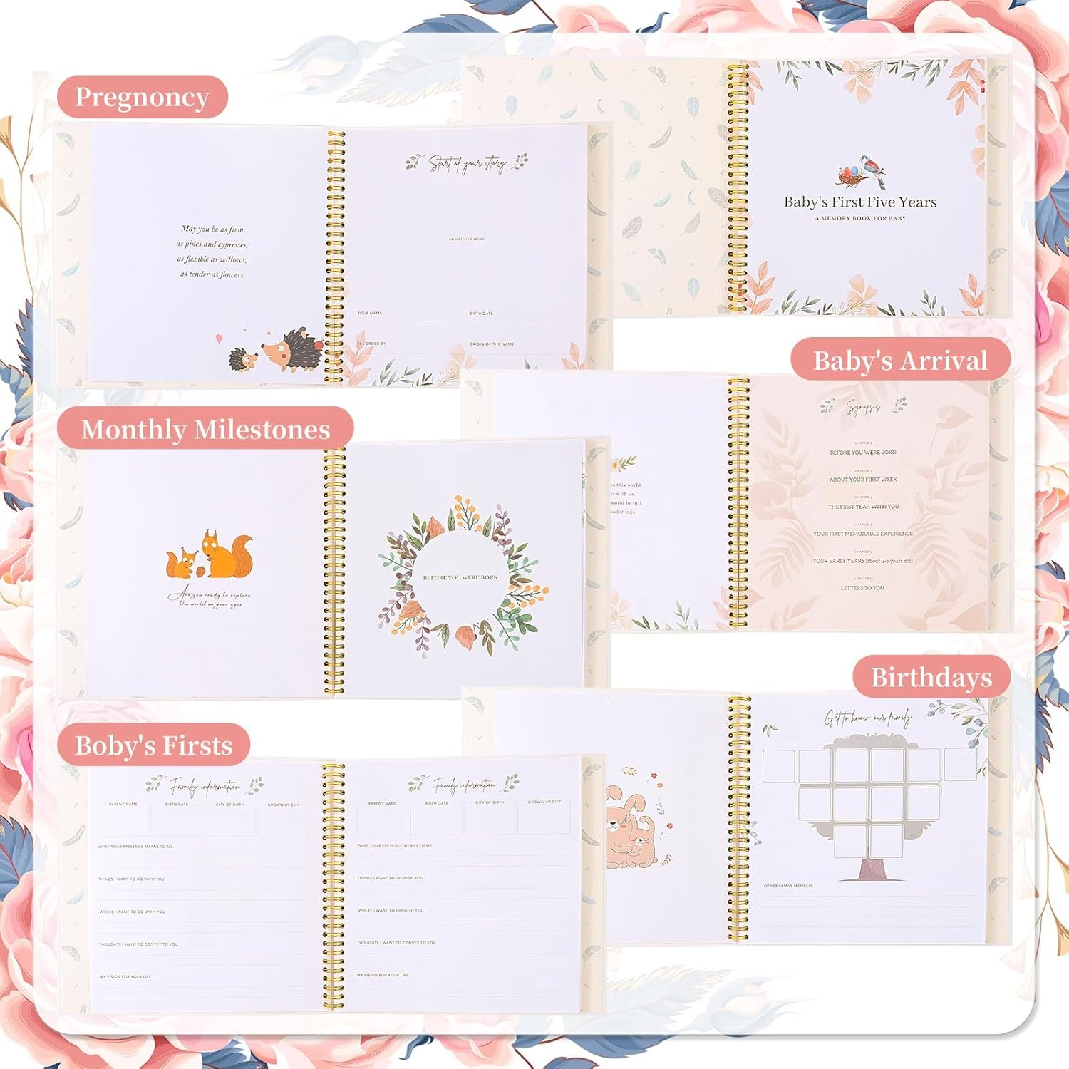 Baby Memory Book First 5 Years Journal, Unisex Animal Keepsake to Log New Born 1St Milestone, Parent Scrapbook Journal, Baby Photo Albums, Scrapbook Album (Bird) image number 1