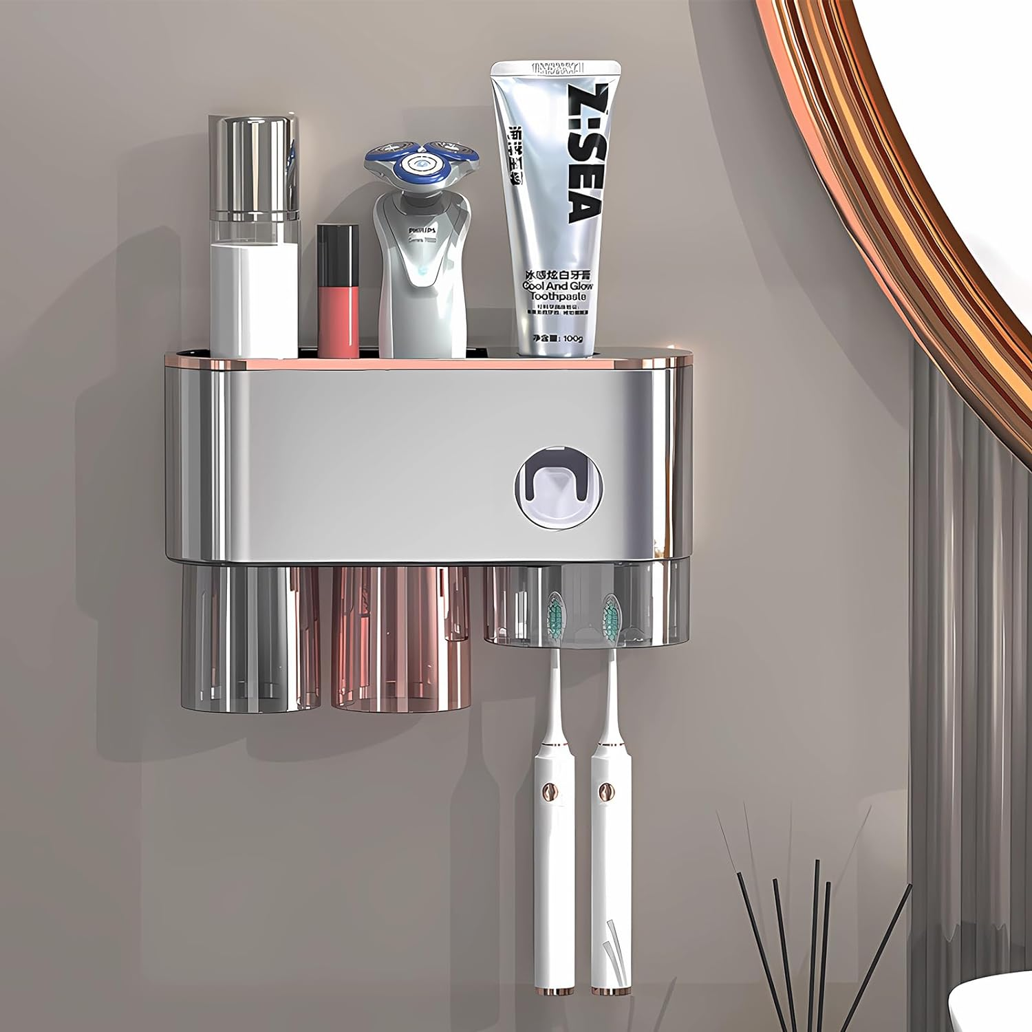 Hushmow Toothbrush Holder Wall Mounted, Toothbrush Holder for Bathroom with Automatic Toothpaste Dispensers,4 Toothbrush Slots,2 Cups and 1 Large Storage Tray