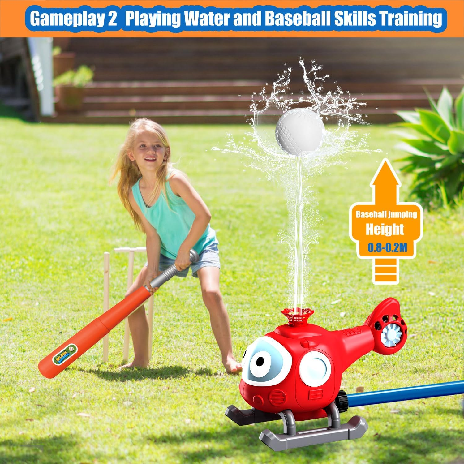 Water Sprinkler Baseball Toy for Kids Outdoor Play, 2 in 1 Snail Summer Water Game with 2 Sprinkler Heads, 360&deg; Roating Spray Water Baseball (Airplane) image number 1
