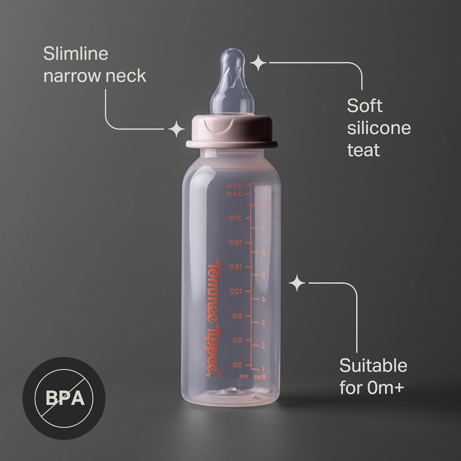 Tommee Tippee Classic Start Narrow Neck Baby Bottles, 0M+, 250Ml, Assorted Colours, Anti-Colic Valve, BPA Free, Dishwasher Safe, 1 Pack