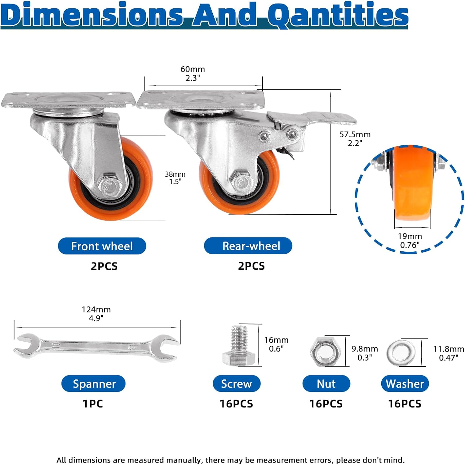 Glarks 53Pcs 3/2 Inch Heavy Duty Casters, Lockable Bearing Caster Wheels Safety Dual Locking Casters with Brake, Swivel Casters Polyurethane No Noise Wheels for Furniture and Workbench image number 6