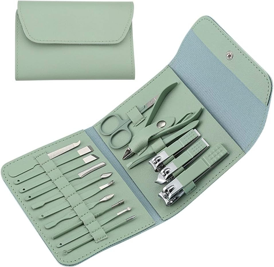 Manicure Set Professional Nail Clippers Pedicure Kit 16Pcs, Portable Stainless Steel Nail Kit Nail Clipper Set Manicure Set, Pedicure Kit Grooming Kit with Brown Leather Case for Men Women (Green) image number 6
