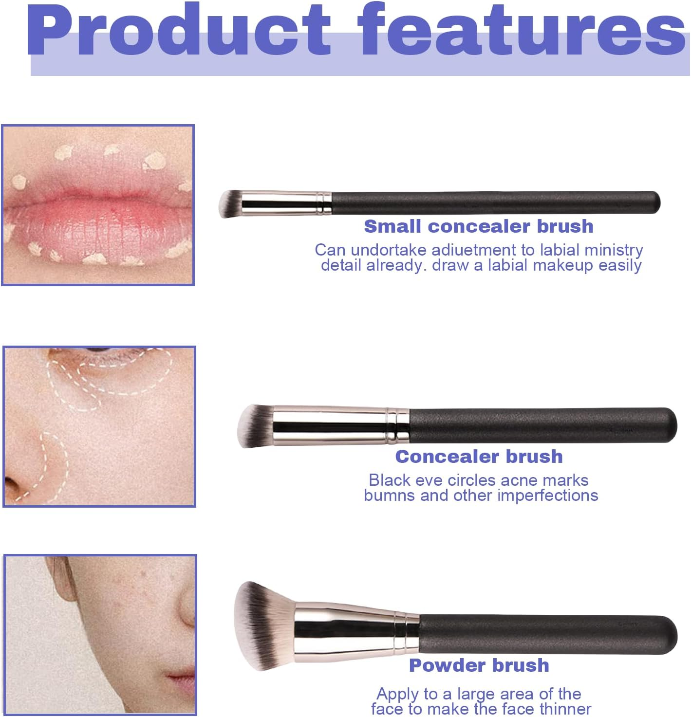 Hrenvaxil 3Pcs Makeup Brush Set, Slanted Foundation Brush & Angled Concealer Brush for Cream & Powder - Perfect for Liquid, Foundation, Concealer, Buffing, Stippling & Blending