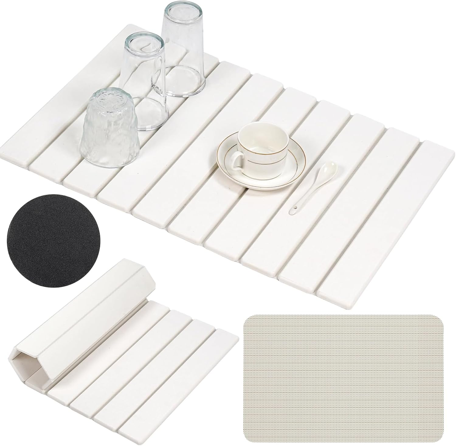 Diatomaceous Earth Dish Drying Mat, Fast Dry Stone Kitchen Counter Pad, Foldable Large Absorbent Dish Drying Stone Mat for Kitchen Dishes Bottles Cups Bathroom Any Countertop (White-Ellipse, 60X39Cm)