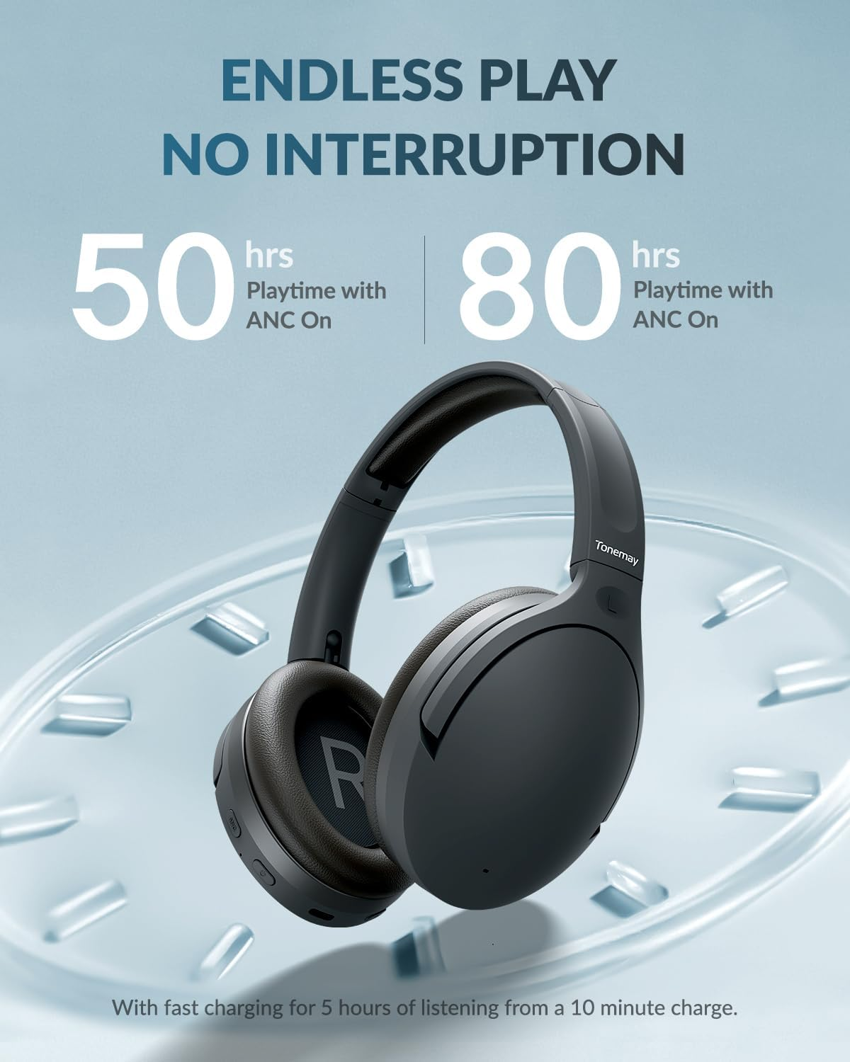 TONEMAY Zen Bluetooth Headphones with -45Db Hybrid Active Noise Cancelling, 80H Playtime Wireless Over-Ear Headphones, Immersive Deep Bass Stereo, 5-Mic ENC Clear Calls, Personalized Comfort, Black image number 3