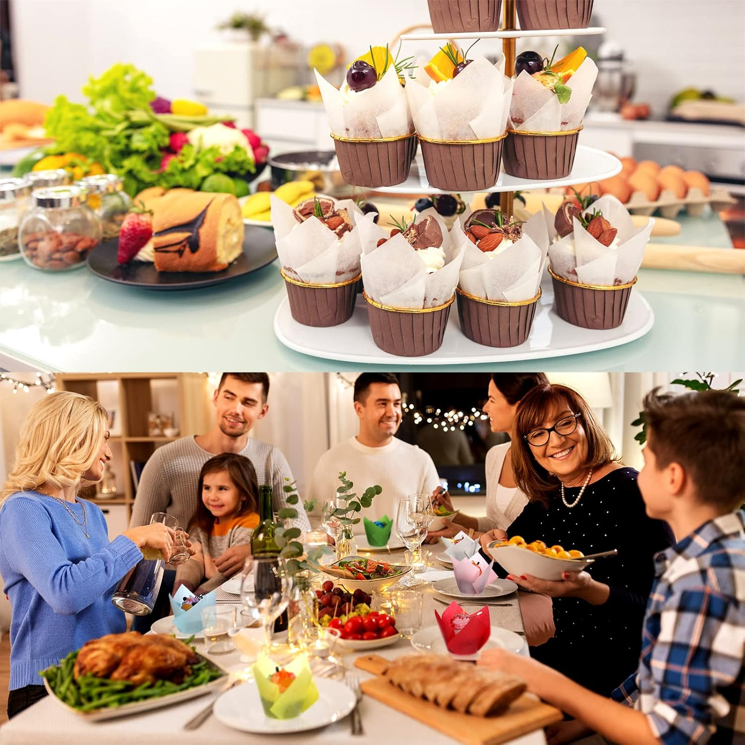 600 Pcs Baking Cups Tulip Cupcake Liners Wrappers Printed Muffin Baking Cups Holders Greaseproof Holders for Holiday Christmas Wedding Birthday Party image number 4