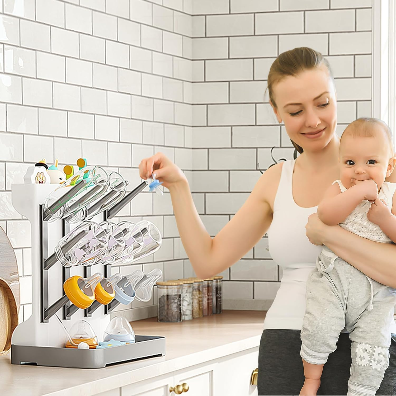 Baby Bottle Drying Rack Space Saving, Large Vertical Baby Bottle Storage Organizer & Bottle Dryer Rack for 12 Pc 8 Oz Bottles and Baby Accessories,Pump Parts,Pacifiers or Brush Stand - Bpa-Free - Gray image number 3