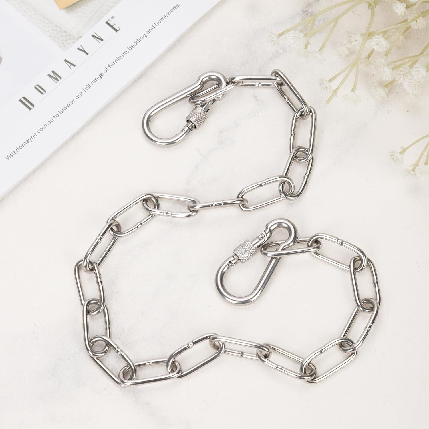 Gate Chain Lock, 20 Inch Gate Latch Chain with Double-Ended Carabiners Stainless Steel Metal Gate Link Chain Lock Pet Gate Latch for Outdoor Fences, Pet Cages, Indoor Supplies image number 2