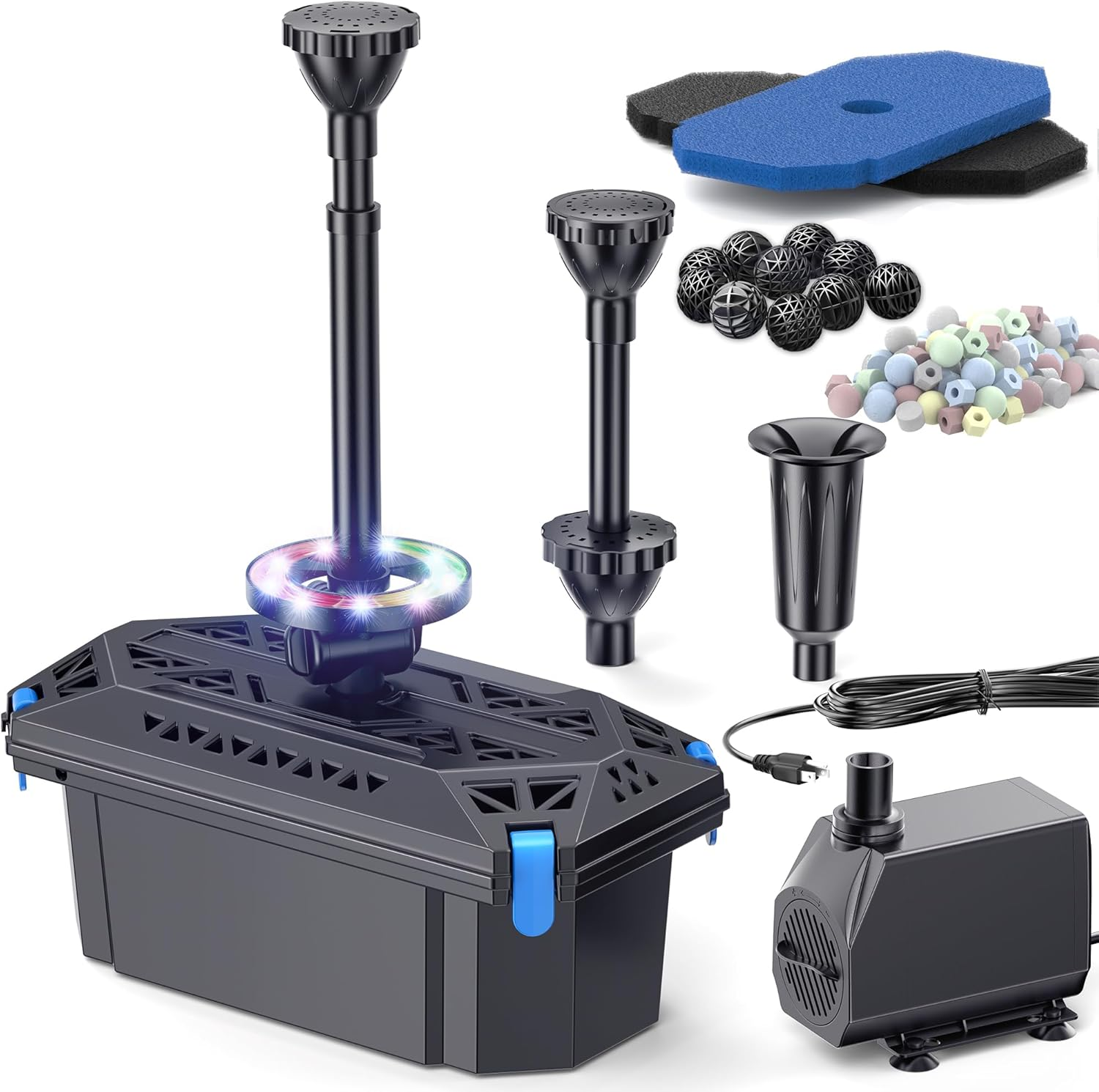 NFESOLAR Pond Filter with Fountain Pump Kits, 660GPH Pond Filter Fountain with Colorful Lights, Multi-Layer Filtration, All-In-One Solution for Outdoor Ponds, Fish Tank, Waterscape - Corded Electric image number 1