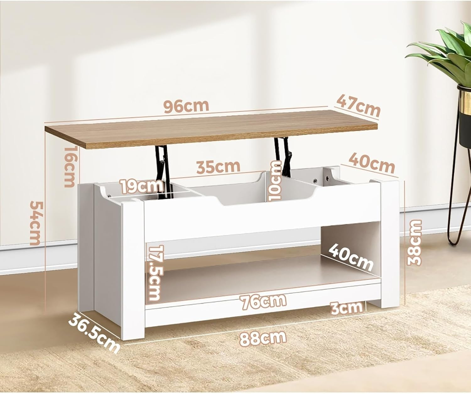 Oikiture Coffee Tables Lift up Top Wooden Convertible Hidden Book Storage Living Lounge Room Furniture Shelf Display,White and Natural Wood image number 4