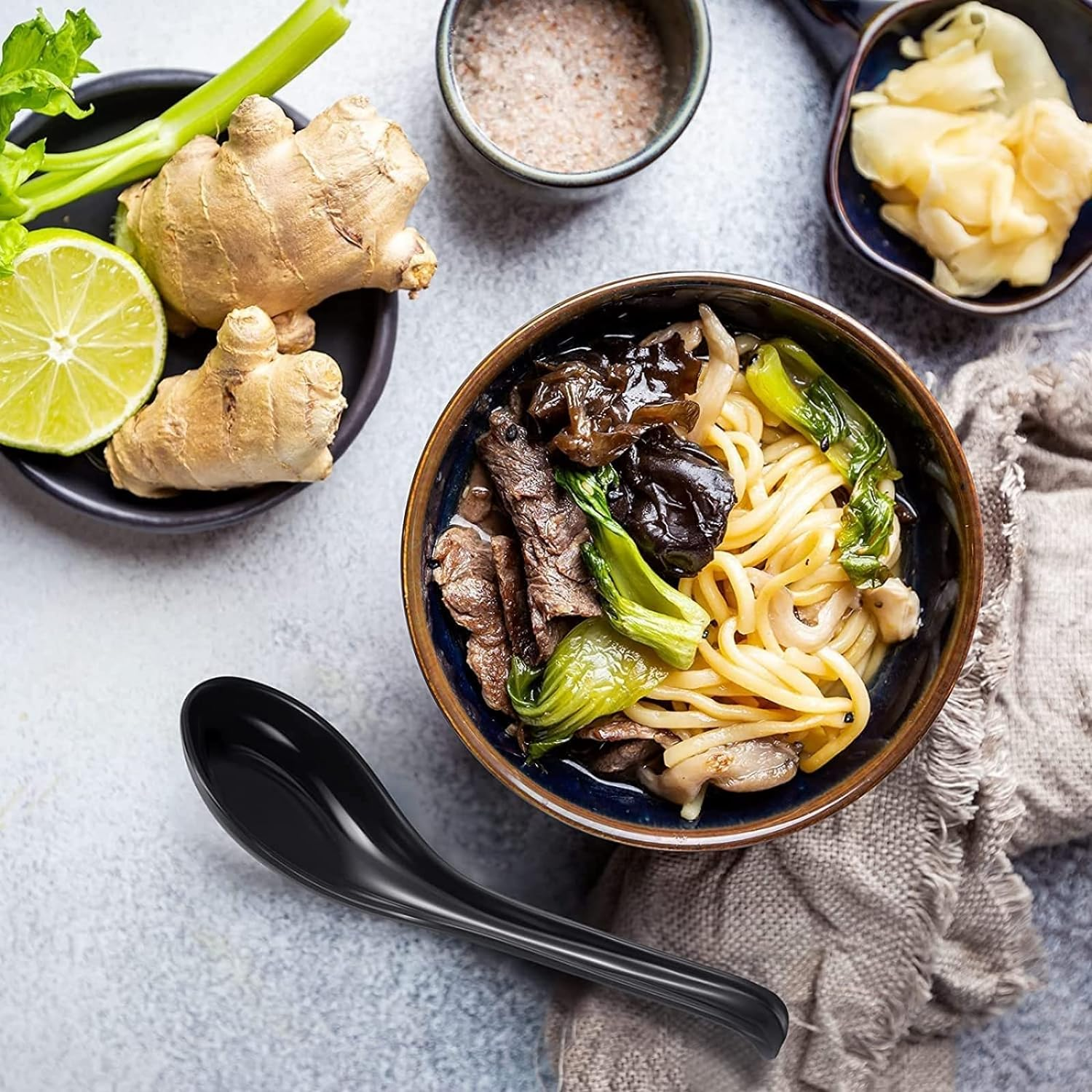 MIZOXY 10-Piece Set of Black Soup Spoons - Versatile Japanese, Chinese, and Asian Style Spoons for Soups, Rice, Wontons, Ramen, Pho - Ideal for Restaurants, Home, Hotels, and Food Shops