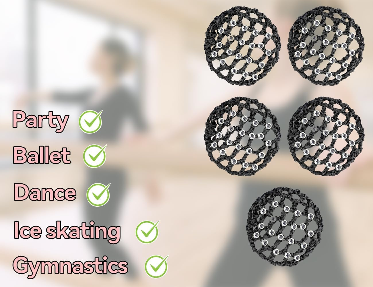 KAPSING Pack of 5 Bun Net Hair Net, Black Bun Net, Bun Hairstyle Aid Fabric Knot Net for Gymnastics Rhythmic Sports Gymnastics Ballet image number 2