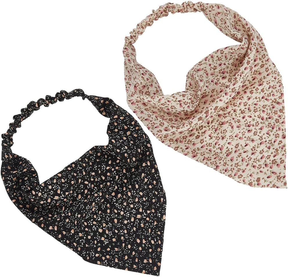 CABODYALS Pack of 2 Floral Bandanas Boho Hair Scarf with Daisy Pattern Headscarf Chiffon Summer Vintage Fabric Elastic Triangular Headbands for Women Bridesmaids Weddings Styling Dress Party