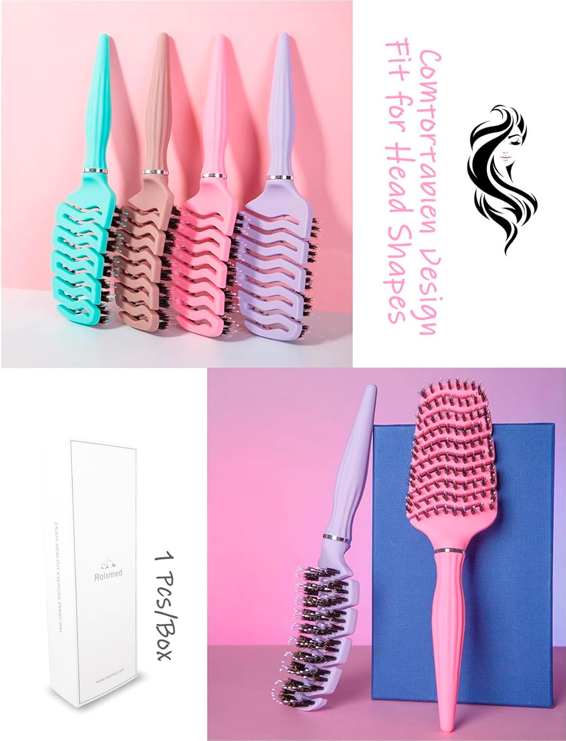 Roxlmed Detangler Hairbrush for Curly Hair Vented Bristle Scalp Massager Comb for Women and Men (Pink, 1P) image number 2
