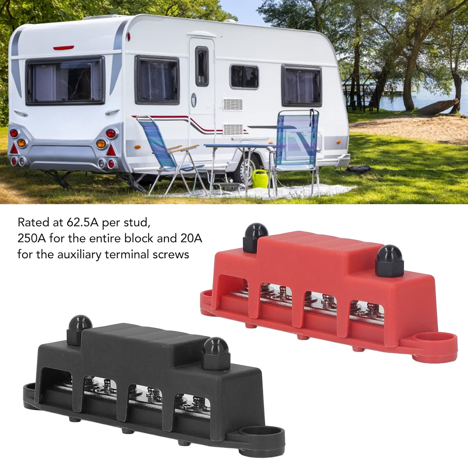 HISUEKIG Power Distribution Block, 4 Terminal Bus Bar M8 Screw 250A DC 48V, for Car Boat Marine, Brass Zinc Alloy ABS Materials, Neatly Store and Wire, Reliable Working, Wide Applications image number 6