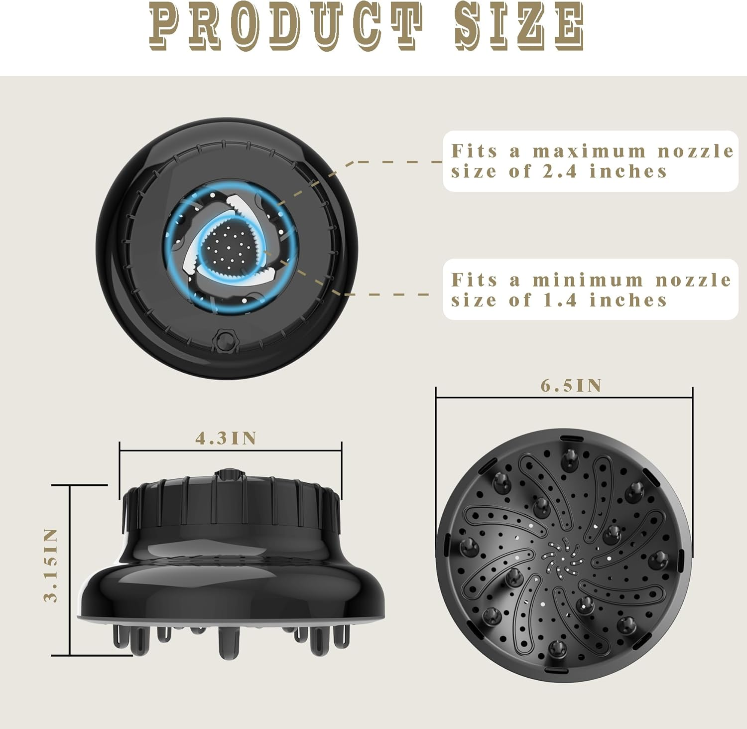 WPESI Diffuser Attachment for Hair Dryer,Hair Dryer Diffuser, Hair Diffuser Adaptable for Blow Dryers with D-1.4-Inch to 2.4-Inch for Curly or Wavy Hair,(Black) image number 3