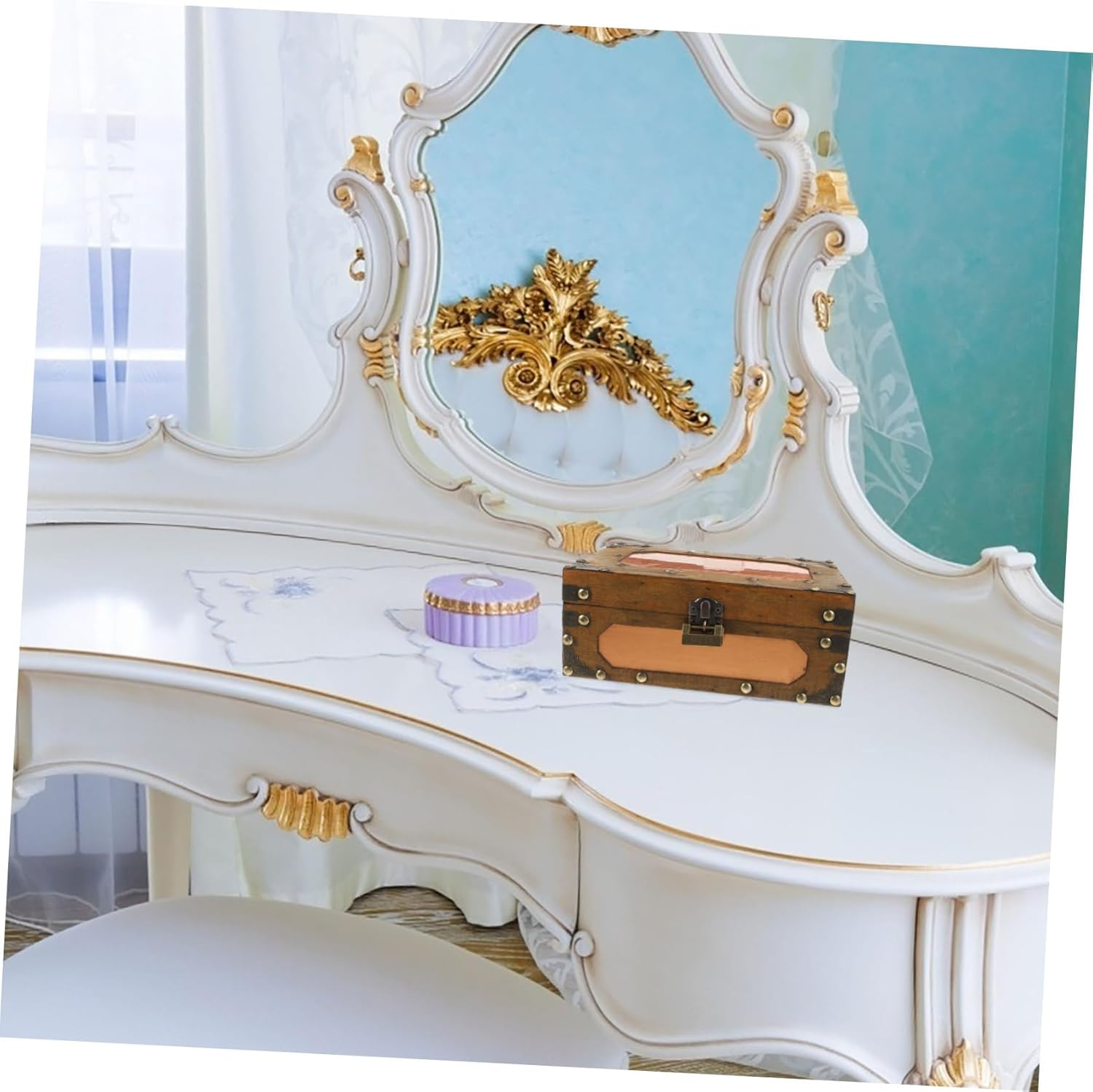Retro Wooden Keepsake Chest Vintage Style Treasure Box with Hinges and Lock for Jewelry Decorative Storage for Home Decor and Photography Props Antique Design for Boy Girl And image number 5